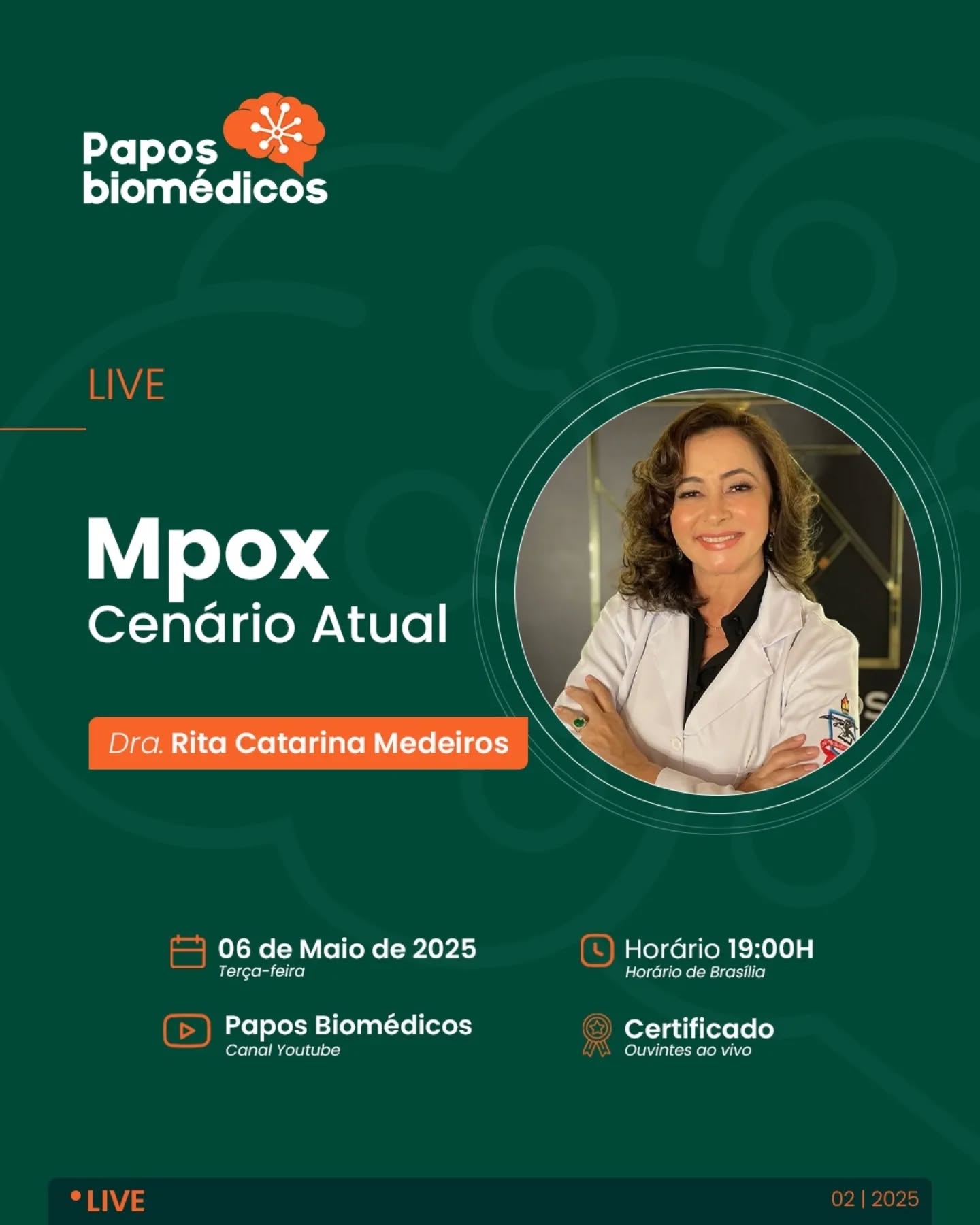 Próxima live do Papos!
Diante do recente aumento de casos de Mpox no estado do Pará, torna-se essencial retomar o debate e atualizar os conhecimentos sobre essa infecção. Pensando nisso, o Papos Biomédicos convida a Dra. Rita Catarina Medeiros para uma conversa sobre o cenário atual da Mpox.
Save the Date!
📅 Data: 06 de maio de 2025 (terça-feira)
⏰ Horário: 19h (horário de Brasília)
📍 Canal: Papos Biomédicos
📜 Certificação para ouvintes ao vivo
Este é um momentol para profissionais da saúde, estudantes e comunidade científica se manterem informados. Ative o lembrete, convide os colegas e venha participar dessa discussão fundamental para a saúde pública! 💡🦠
.
.
.
#PaposBiomédicos #Mpox #SaúdePública #VigilânciaEpidemiológica #Pará #LiveCientífica #AtualizaçãoProfissional #Biomedicina #CiênciaEmFoco