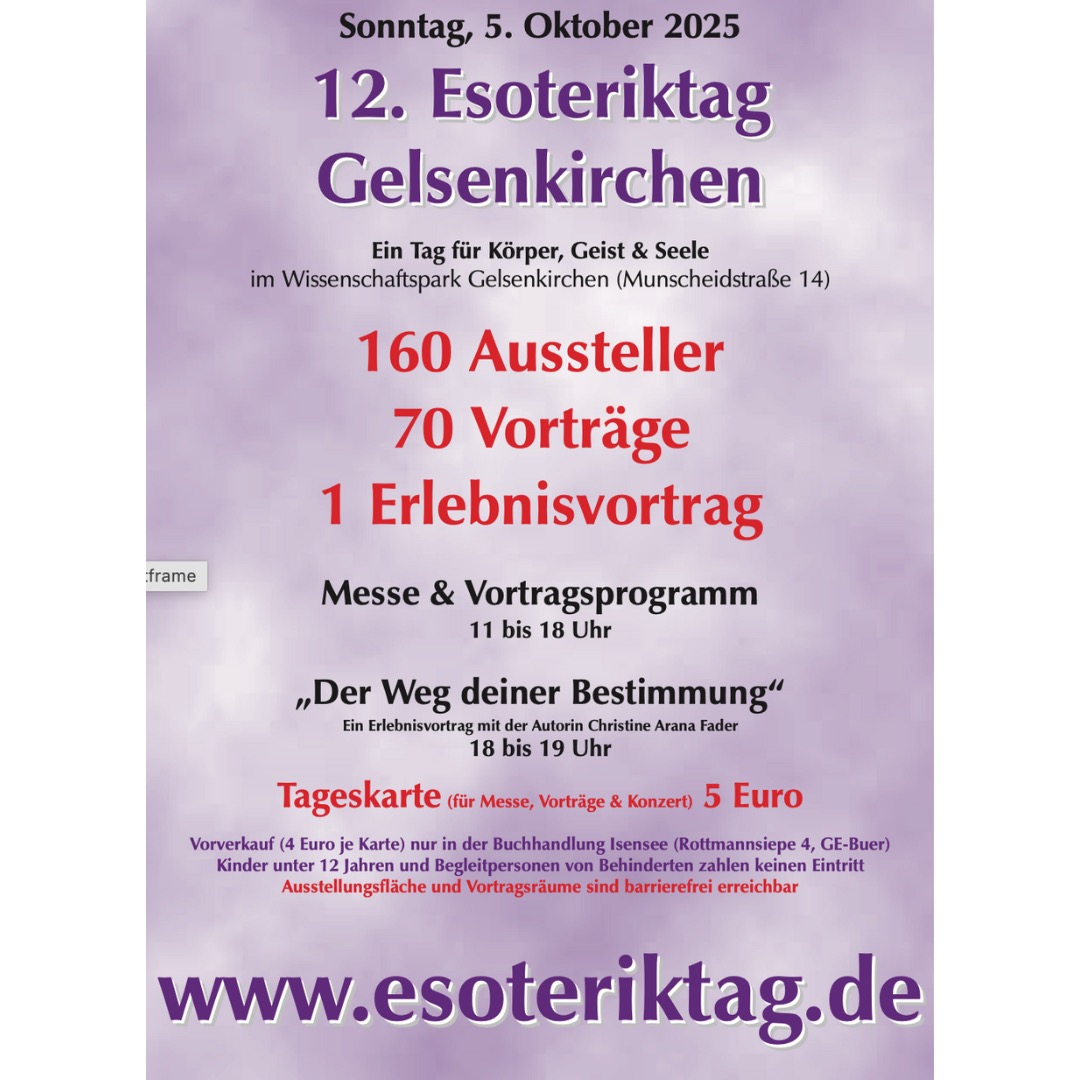 Wir sind auf Messe... ENERGIEZEIT mit Live-Vorführungen
Erhalte liebevoll persönliche Engel-Botschaften und angewendete Quantenheilung.
Gemeinsam gestalten wir die ENERGIEZEIT – ein Herzensprojekt, das Gruppenmeditationen, Quantenheilung und persönliche Engelbotschaften miteinander verbindet. #engel #erzengel #spiritualalität #channeling #quantenheilung #medium #erngiearbeit #engelbotschaften #engelmagazin #nrw #solingen #monheimamrhein #gelsenkirchen #langenfeldrheinland #leverkusen #düsseldorf #köln