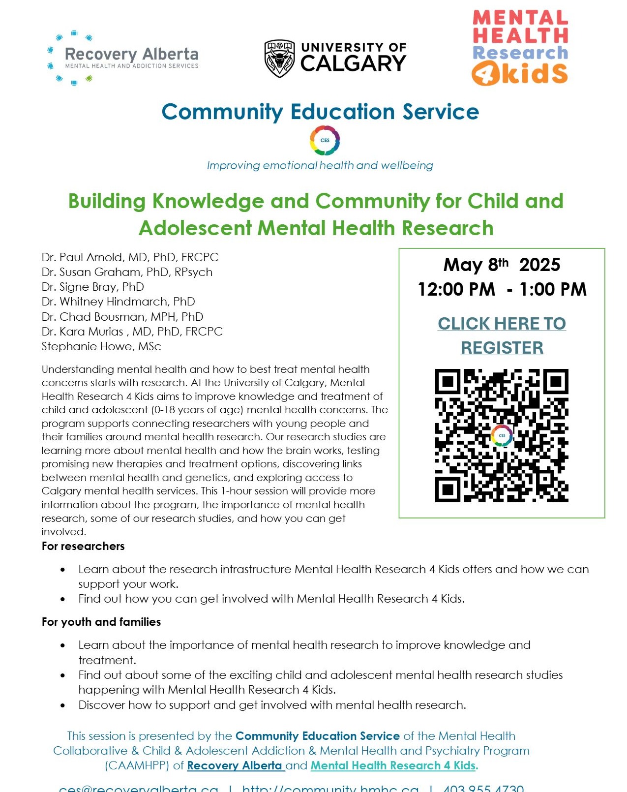 @recoveryalberta @ucalgary and @mentalhealthresearch4kids have teamed up for a powerful Zoom session on Thursday, 8 May at 12 PM.
Register for this event: https://bit.ly/3GTP2tU
Join us for "Building Knowledge and Community for Child and Adolescent Mental Health Research" to learn about the research infrastructure Mental Health Research 4 Kids offers and how it can support your work.
Or, you can find out about some of the exciting child and adolescent mental health research studies happening with Mental Health Research 4 Kids!
#mentalhealth #mentalhealthresearch #researchforkids #mentalillness #wellbeing #wellness #community