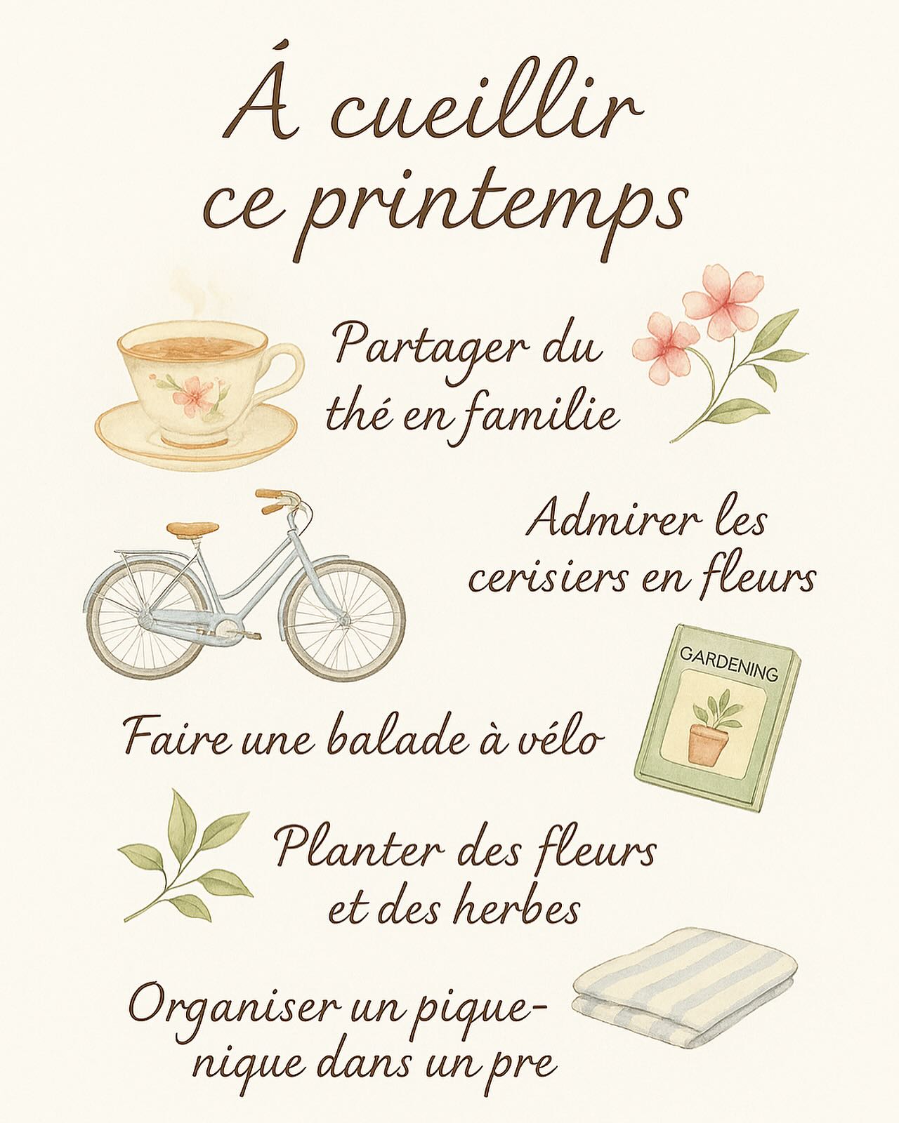 🌸 Bucket list poétique pour le printemps 🌸
Le printemps s’installe doucement et avec lui, l’envie de ralentir, d’observer, de savourer ce qui renaît.
Voici quelques petites choses à cueillir cette saison :
un thé partagé en famille, une balade à vélo, des fleurs plantées avec soin, un pique-nique dans l’herbe… Rien d’extraordinaire, et pourtant tout l’est.
Et vous, que glisseriez-vous dans votre printemps rêvé ?
Dites-le-moi en commentaire ou partagez cette liste à quelqu’un avec qui vous aimeriez tout faire.
#thebloomjournal #printemps #bucketlist #douceurdevivre #slowlife #coorie #momentspoétiques #spring #hygge #lagom #fleur #bloosom #aquarelle #vinyl #watercolor #tea