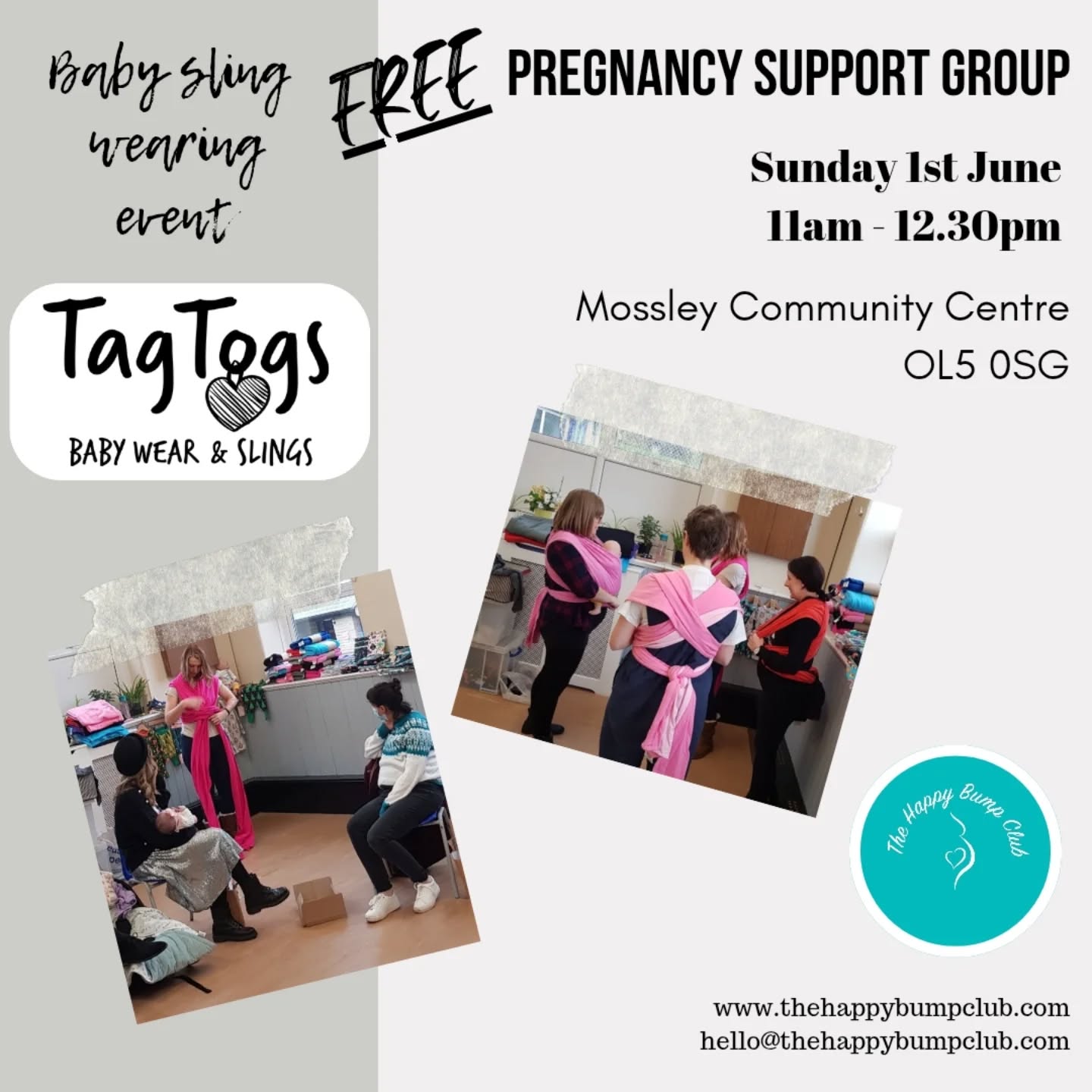 Happy Bump Day ❤️
Our next session is a few weeks away but I'm getting prepped early this time 🤩
📅 Sunday 1st June
🕙 11am - 12.30pm
🏘 Mossley Community Centre
👤 @tag_togs - baby sling wearing
We will have Amanda from Tag Togs joining us!
Amanda is the founder of Tag Togs, a baby sling wearing business.
All items are handmade in Huddersfield by a team of skilled seamstresses. They have beautiful and unique designs, with their range stretching from newborn to toddlers. They also make lots of amazing baby & childrens clothes and accessories.
Amanda will be in hand to demonstrate how to use their slings and carriers, and you can even have a go yourself!
Please feel free to share with friends/groups who might be interested in joining us.
You are also welcome to bring your own sling and have a try using it!
We will have brews a plenty, biscuits, book club, baby clothes donations and plenty of time to chat!
You can book your FREE spot using the eventbrite link below or through our website www.thehappybumpclub.com
https://www.eventbrite.co.uk/e/the-happy-bump-club-45-tickets-1355355297179?aff=oddtdtcreator
See you there!
Emma x