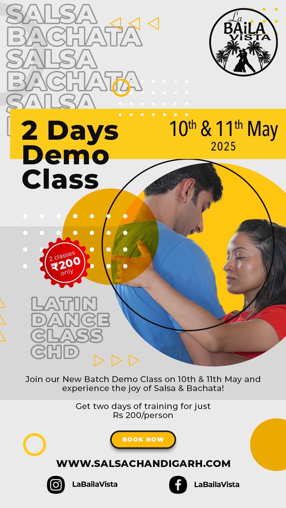 🔥 New Batch Alert – 2-Day Demo Class for Just ₹200! 🔥
Ready to step into the world of Salsa & Bachata? Join us for a special 2-day demo class and experience the joy of Latin dancing!
📅 Dates: 10th & 11th May 2025📍
Venue: Bodyzone Fitness & Spa Gym, SCO 180-187, Sector 9, Chandigarh🕒
Timings:
➡️ Saturday: 4:30 – 5:30 PM
➡️ Sunday: 12:00 – 1:00 PM
💰 Fee: ₹200 for both days✨
Bonus: If you continue with our regular classes, this Demo Class Fee amount will be adjusted in your course fee!
📌 Regular Class Fee:
✅ ₹3000/month
✅ ₹7000 for 3 months (Complete Beginner Course)
Don’t miss out—limited slots available! Sign up now and start your dance journey with us. 💃🕺
#SalsaChandigarh #BachataChandigarh #LaBailaVista #DanceWithUs