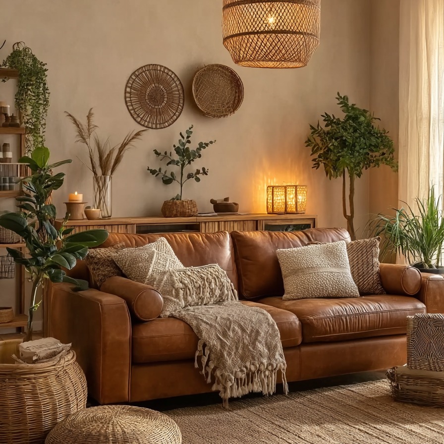 Golden hour, woven textures, and a leather sofa that just gets cozier with age. 🤎✨
#BohoLivingRoom #BrownCouchStyle #EarthToneDecor #NeutralHomeInspo #WarmMinimalism #boholuxe #homedecorlovers #homedecorinspo #homedecorideas #livingroominterior #livingroom_ideas #boholivingroom