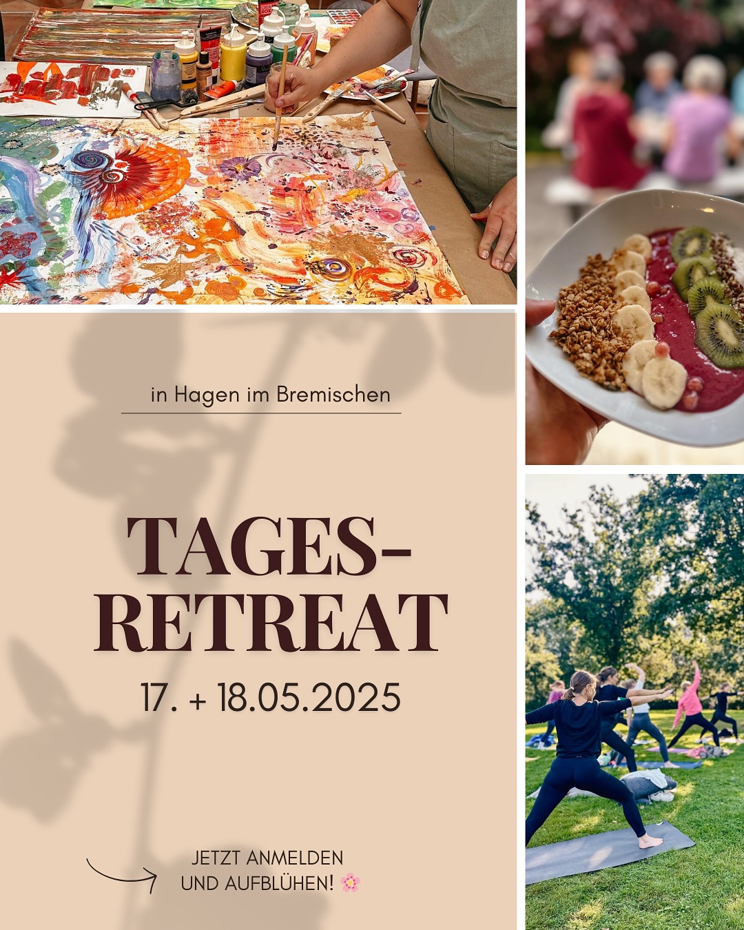 🌸 Wann hast du dir zuletzt bewusst Zeit für dich genommen? Ein Wochenende nur für DICH – zum Durchatmen, Loslassen und Aufblühen. 🌸
Am Sa. 17. & So. 18. Mai lade ich dich in meinen grünen Garten in Hagen im Bremischen ein – zu zwei Tagen voller Achtsamkeit, Yoga, Klang, Kreativität & Herzensverbindung.
🌼 Tag 1: Slow Flow Yoga, Sound Bath, achtsamer Brunch mit vegan/vegetarischen Leckereien & ein Workshop für neue Alltagsroutinen.
🌺 Tag 2: Herzöffnendes Yoga, Klangreise & Workshop „Intuitives Malen – Lass dein Herz malen!“
Du kannst einen Tag oder beide Tage buchen – spare bei 2 Tagen!
Spürst du den Ruf?
Dann melde dich jetzt an und schenke dir diese besondere Zeit und sichere dir die letzten Plätze! Allein oder mit deinem Lieblingsmenschen. 💕
Alle Infos & Anmeldung: Link in Bio oder auf www.jederkannentspannen.de/tagesretreats
TAGESRETREAT | AUSZEIT | INTUITIVES MALEN | ACHTSAMKEIT
#jederkannentspannen #retreatniedersachsen #intuitivesmalen #achtsakeitimalltag #auszeitfürdich #yogabrunch #hagenimbremischen