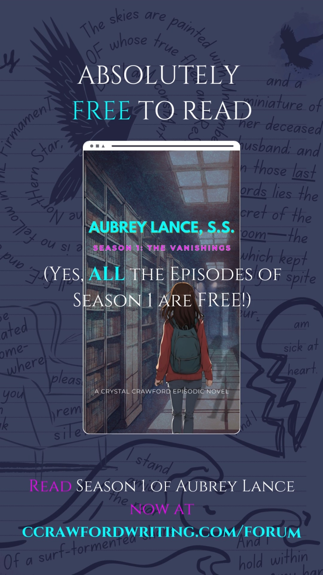 Read Aubrey Lance, S.S. -- Season 1: The Vanishings, for FREE on my website! New episodes post daily Monday-Saturday until the story is completed. Link in bio!