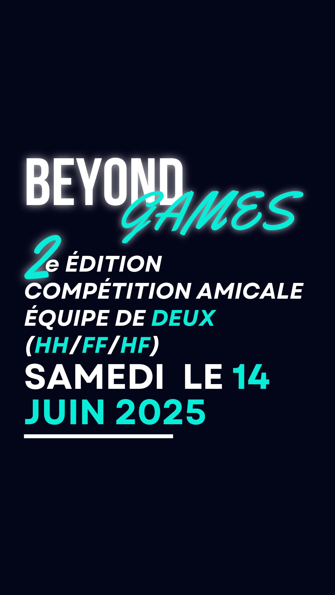 SAVE THE DATE!
Le samedi 14 juin, nous organisons les Beyond GAMES pour une deuxième année consécutive.
Une compé amicale, ouverte à tous.
Pas besoin d’être “prêt” ou “le meilleur”.
Juste envie d’avoir du fun, de te pousser un peu,
de sortir de ta zone confortable.
On a eu tellement de bons commentaires la dernière fois —
il y a quelque chose de spécial quand tu oses te dépasser avec une foule de gens qui t’encouragent.
Viens le vivre avec nous, on vous PROMET une journée inoubliable ❤️🔥
(Oui, il y aura des prix de participation comme l’an dernier😇)
Pour plus d’informations : info@beyondmvmt.com ou DM!