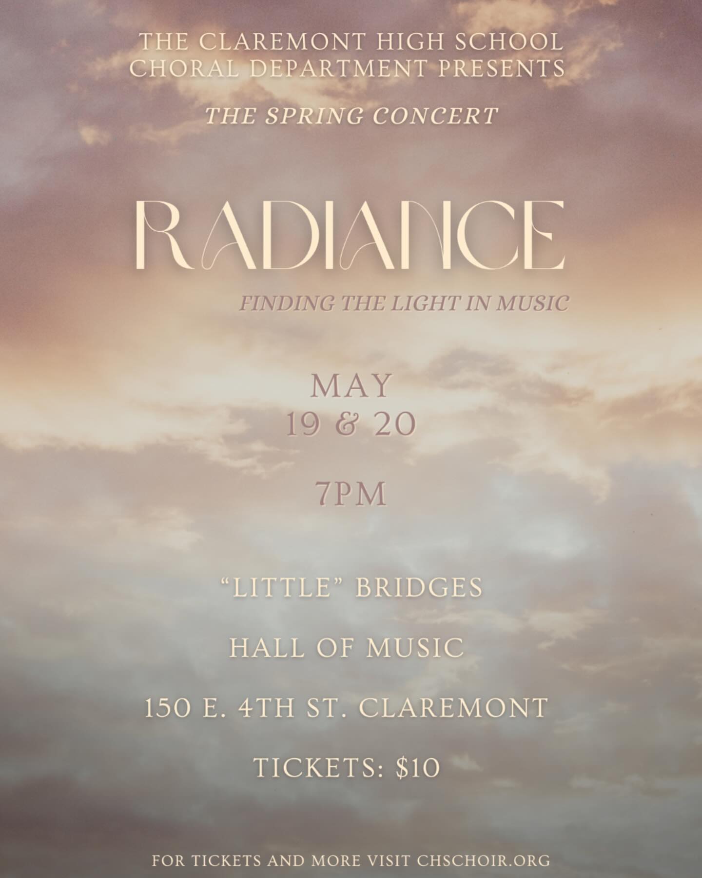 We are two weeks away from our final concert of the season! Be sure to come see all three choirs perform one last time on May 19th and 20th at 7pm at “Little” Bridges Hall of Music in Pomona College. Tickets are $10 and can be purchased at www.chschoir.org