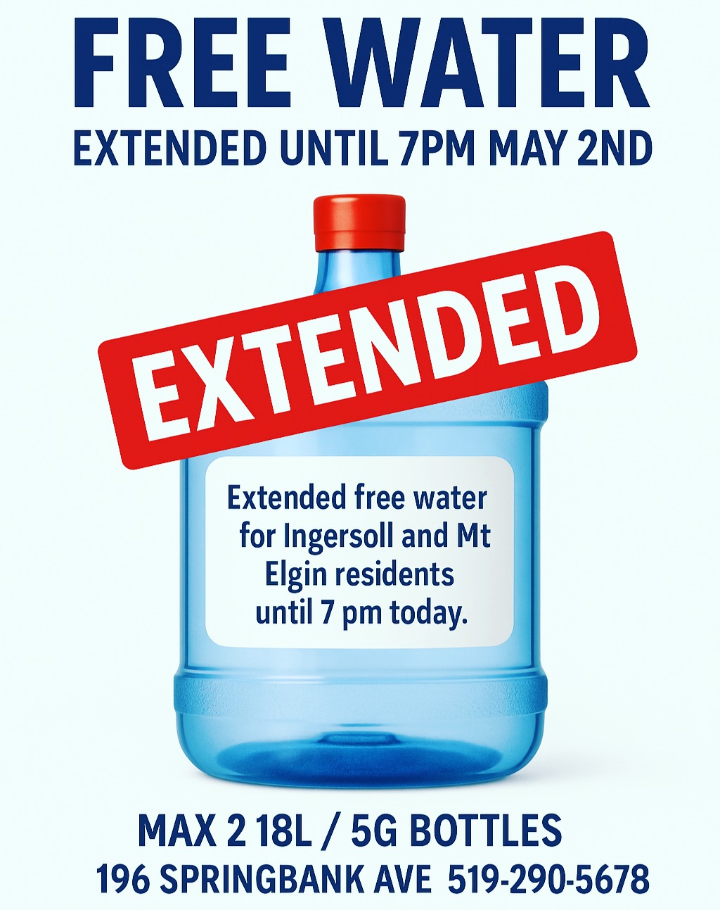 **EXTENDED** Today until 7pm for Ingersoll and Mt Elgin residents. Please share this post with the community.