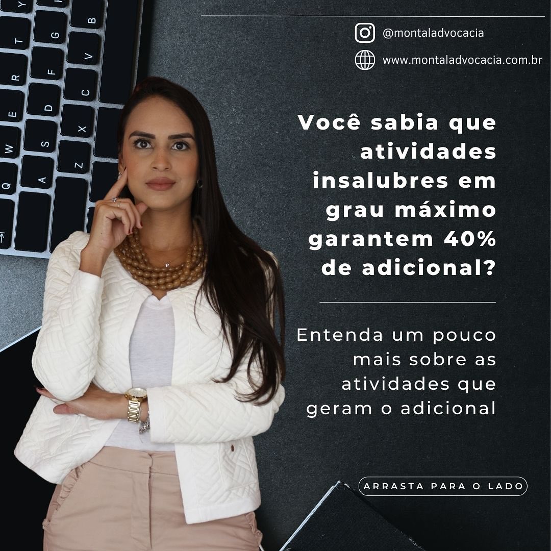 Você sabia que alguns trabalhos dão direito a um adicional de 40% no salário? 😱
⠀
Muita gente nem imagina, mas quem exerce atividades exposto a agentes insalubres — como produtos químicos, esgoto, calor intenso, ruído excessivo ou lixo urbano — pode ter direito a um adicional de insalubridade.
⠀
E mais: se a insalubridade for em grau máximo, o adicional é de 40% sobre o salário mínimo! Isso está previsto no artigo 192 da CLT e regulamentado pela NR 15 do Ministério do Trabalho.
⠀
Mas atenção ⚠️:
✅ Nem todo EPI elimina o risco.
✅ O direito não depende do salário, e sim da exposição.
✅ Pode ser reconhecido inclusive por perícia judicial.
⠀
🔍 Salve esse post, compartilhe e marque alguém que precisa saber disso!
📩 Ficou com dúvida? Me chame no direct.
#DireitoDoTrabalho #Insalubridade #AdicionalDeInsalubridade #CLT #Trabalhador #AdvocaciaTrabalhista #Direitos #40PorCento #NR15 #dicajurídica