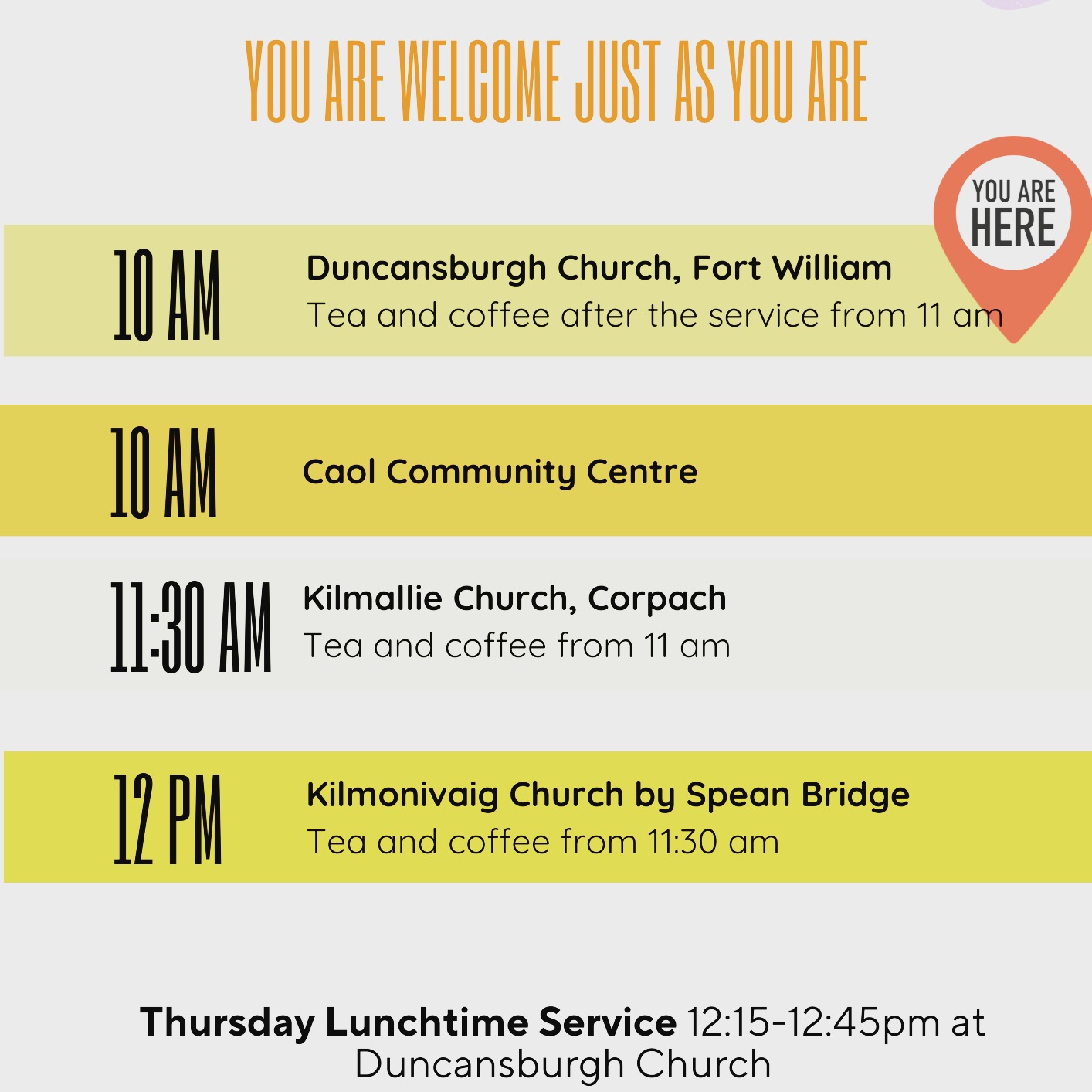 Hey wonderful people! 👋
Are you feeling like things haven't gone exactly to plan? Maybe needing a fresh start, a clean slate, or just a breath of hope?
Guess what? We serve a God who is absolutely brilliant at giving second chances! ✨ He doesn't hold the past against you; He's all about new beginnings, open doors, and incredible possibilities for your future!
This Sunday, come and join us for a truly uplifting time as we hear all about God's amazing grace. Get ready to feel inspired and encouraged! 🙏
Join us for worship at:
Fort William (Duncansburgh Church): 10am - Rev. David S
Caol (Community Centre): 10am - Bill
Corpach (Kilmallie Church): 11:30am - Bill
Spean Bridge (Kilmonivaig Church): 12noon - Rev. David S
Come as you are! We'd absolutely love to welcome you. Let's believe for amazing things together! 🙌
See you there! 😊
#SecondChances #NewBeginnings #HopeInChrist #FortWilliam #Caol #Corpach #church #worship #GodsGrace #lochaber