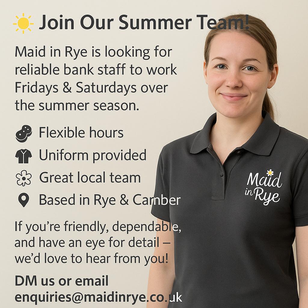 🌞 Join Our Summer Team!
Maid in Rye is looking for reliable bank staff to work Fridays & Saturdays over the summer season.
🧼 Flexible hours
👚 Uniform provided
🌼 Great local team
📍 Based in Rye & Camber
If you’re friendly, dependable, and have an eye for detail — we’d love to hear from you!
📩 DM us or email enquiries@maidinrye.co.uk
#JobOpportunity #MaidInRye #JoinOurTeam #SummerJobs #HousekeepingJobs #RyeJobs