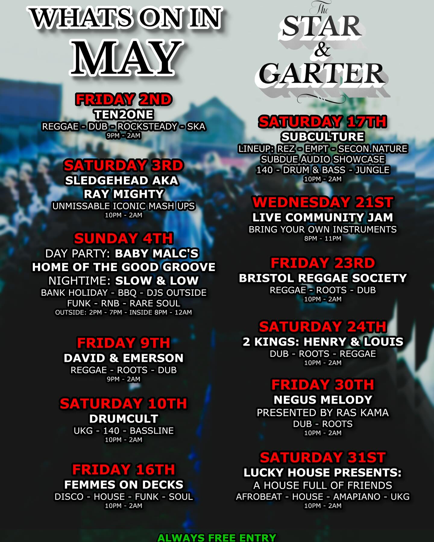 The sun is shining and Spring is truly upon us and we’re not letting up with bringing you some of the best music Bristol has to offer.
May is absolutely packed with events as we roll into a 5 weekend month 🥵 We’ve got a bit of everything from disco, house, UKG and of course, some top dub, roots and reggae from across the city’s scene.
There’s something for everyone so when will we see you? Let us know in the comments 👇
#bristolnightlife #bristolevents #bristolpubs #bristolmusic #bristoldub #bristolreggae #headfirstbristol #bristoljungle