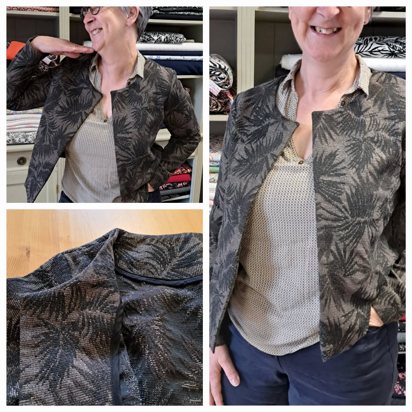 Marianne toute souriante après avoir terminé sa veste Japon, patron et tissu jacquard de chez @lescreativesdinan
Elle a pris son temps pour poser un biais à l'intérieur et obtenir de très belles finitions 😃👍 félicitations