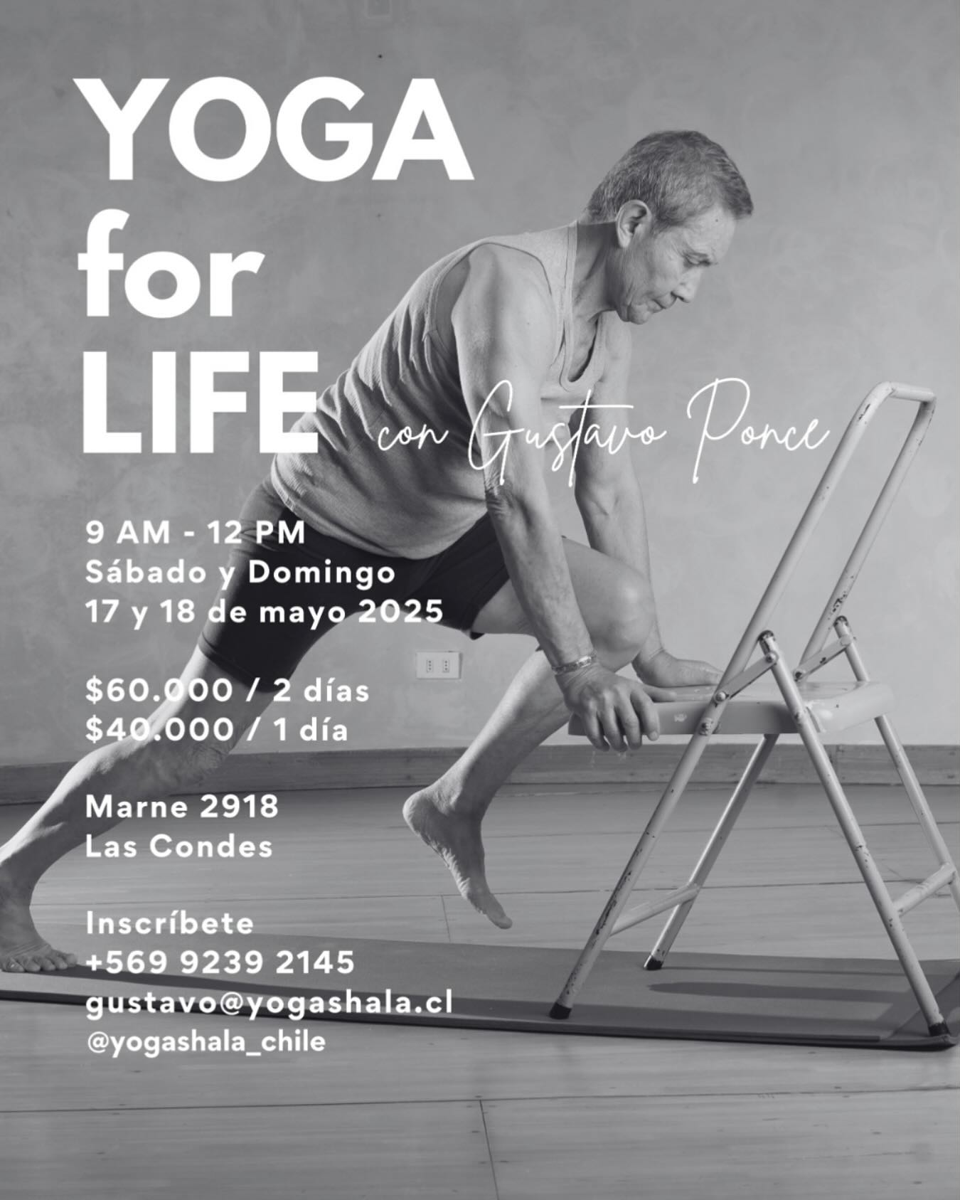 Pronto se viene el próximo taller de Yoga for Life!! Reserva con gustavo@yogashala.cl
📅SÁBADO 17 y DOMINGO 18 de MAYO
9am -12 pm
💵 $60.000 2 días / $40.000 1 día
en @yogashala_chile
Marne 2918, Las Condes
💫
“Yoga for Life” es un método de yoga creado por el maestro chileno Gustavo Ponce, pionero del yoga en América Latina. Este enfoque busca mantener el cuerpo fuerte, móvil y flexible a cualquier edad con bajo esfuerzo y no requiere conocimientos previos.
Usamos una silla, calistenia, respiración consciente y en tan solo 1 hora activas absolutamente todo el cuerpo 🙌🏼
Este taller esta diseñado para quienes quieren aprender la secuencia para hacerla en casa: 6 horas de práctica sería suficiente para empezar tu propia rutina y cambiar tu vida para mejor 🩵