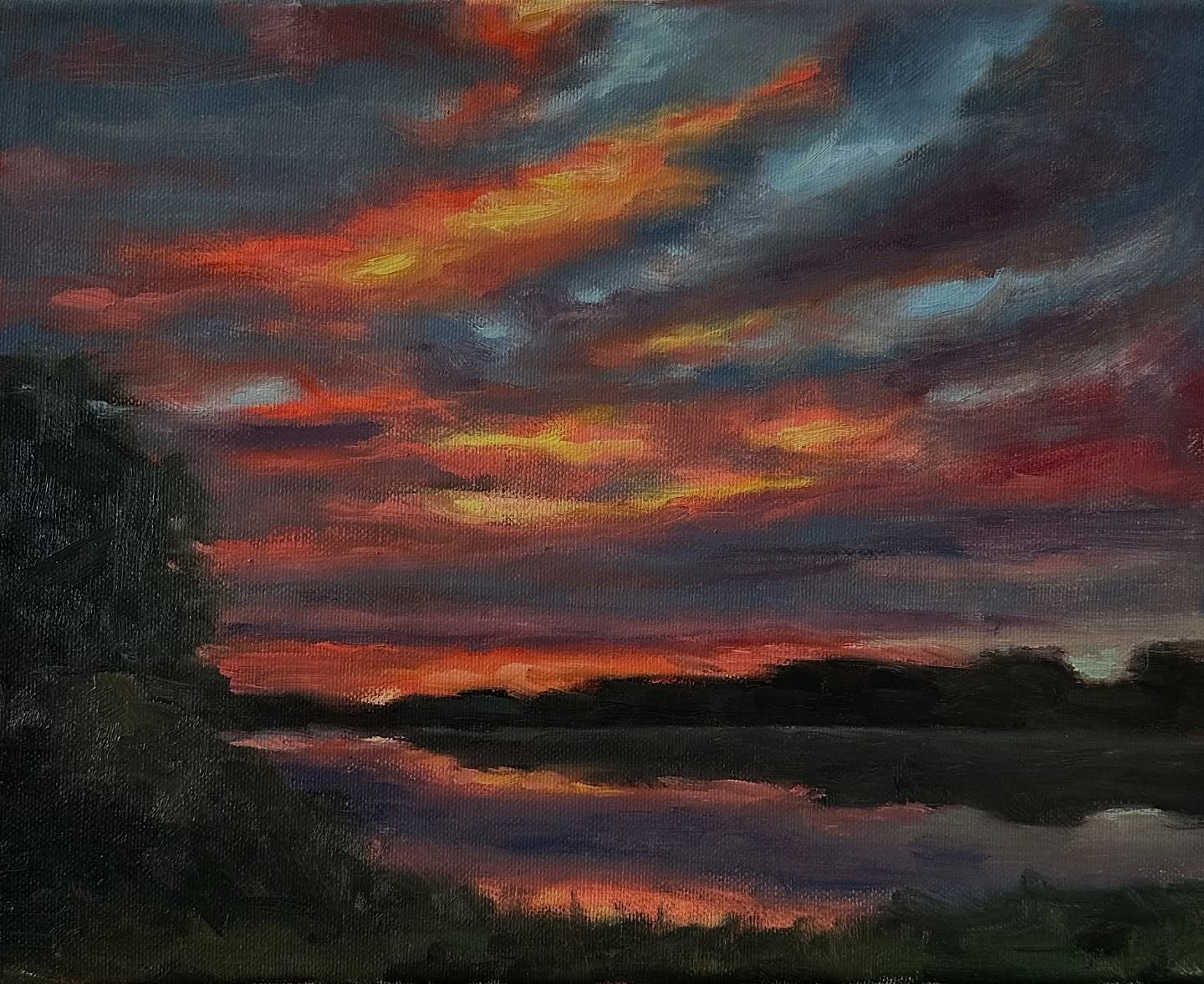 You may have noticed that I’ve been experimenting with bright and saturated colours lately and this sunrise definitely challenged me to step out my usual palette.
Colourful sunrise at The Biesbosch - Oil on canvas - 24x30 cm
#landscapepainting #sunrise #dutchlandscape #oilpainting #biesboschnationalpark #biesbosch
