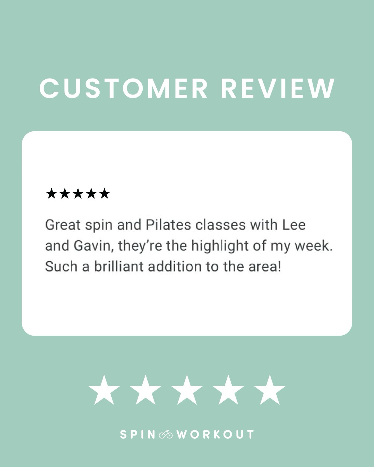 ⭐️⭐️⭐️⭐️⭐️
We love to hear from our customers!
Thank you for taking the time to leave us a review.
#spinandworkout #Spin #indoorcycling #Pilates