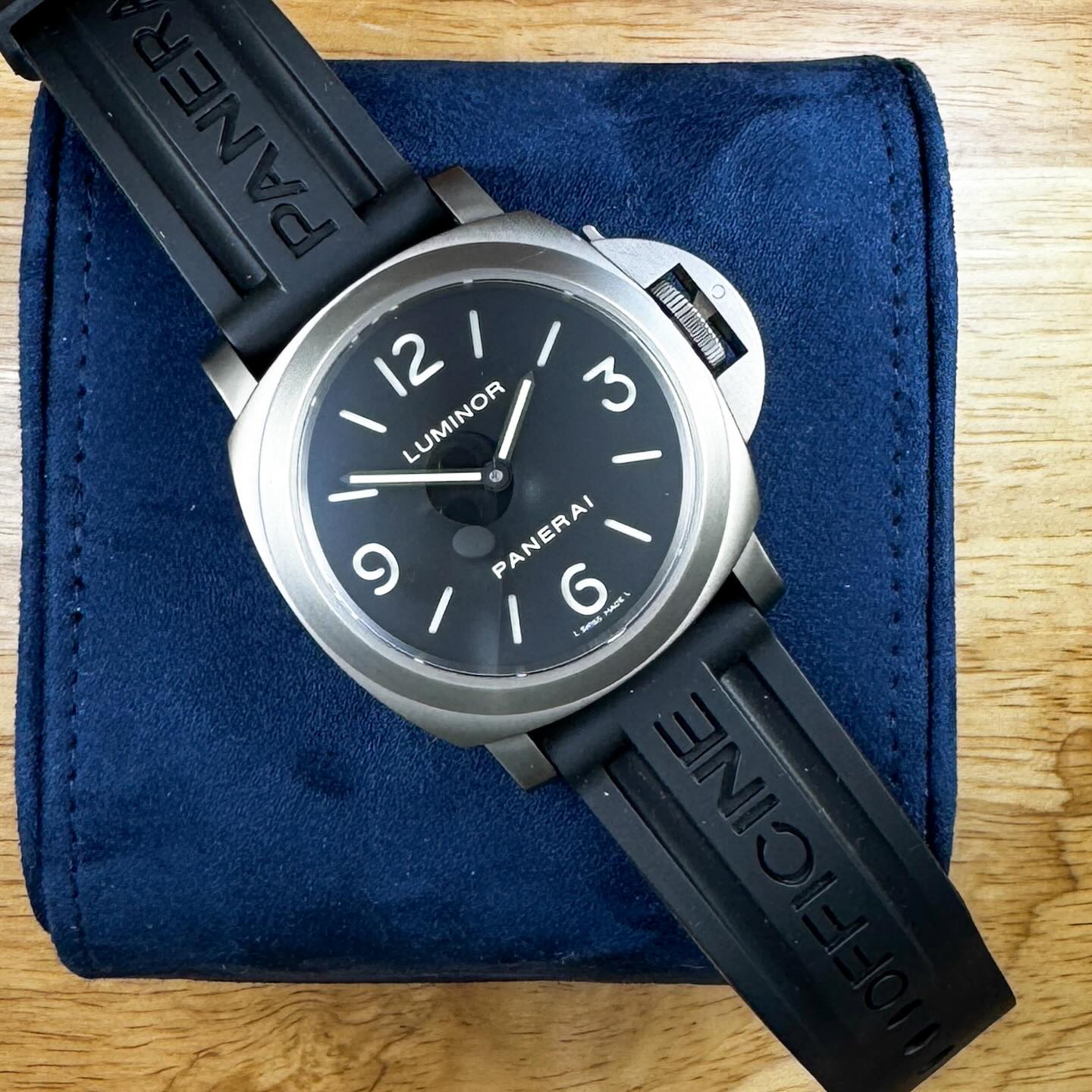 Panerai 176 The perfect Panerai!!! It has the look of the iconic 112 with a clean face and sandwich dial, hand wind movement, but all in a titanium case! It is the most comfortable Pam I think I’ve ever worn! For sale $3999 #panerai #panerailuminor #pamerai176 #watchesforsale