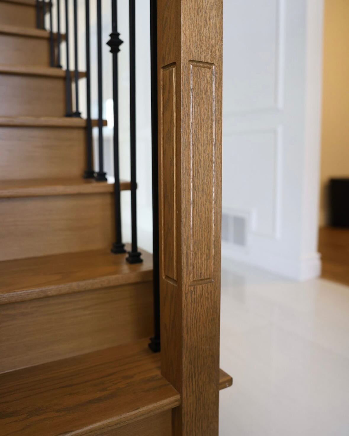 Beautiful Red Oak stairs with wrought iron balusters.
.
.
.
.
.
#redoak #wroughtiron #customcarpentry #stairdesign #stainedwood #woodworking #millwork #stairsofinstagram