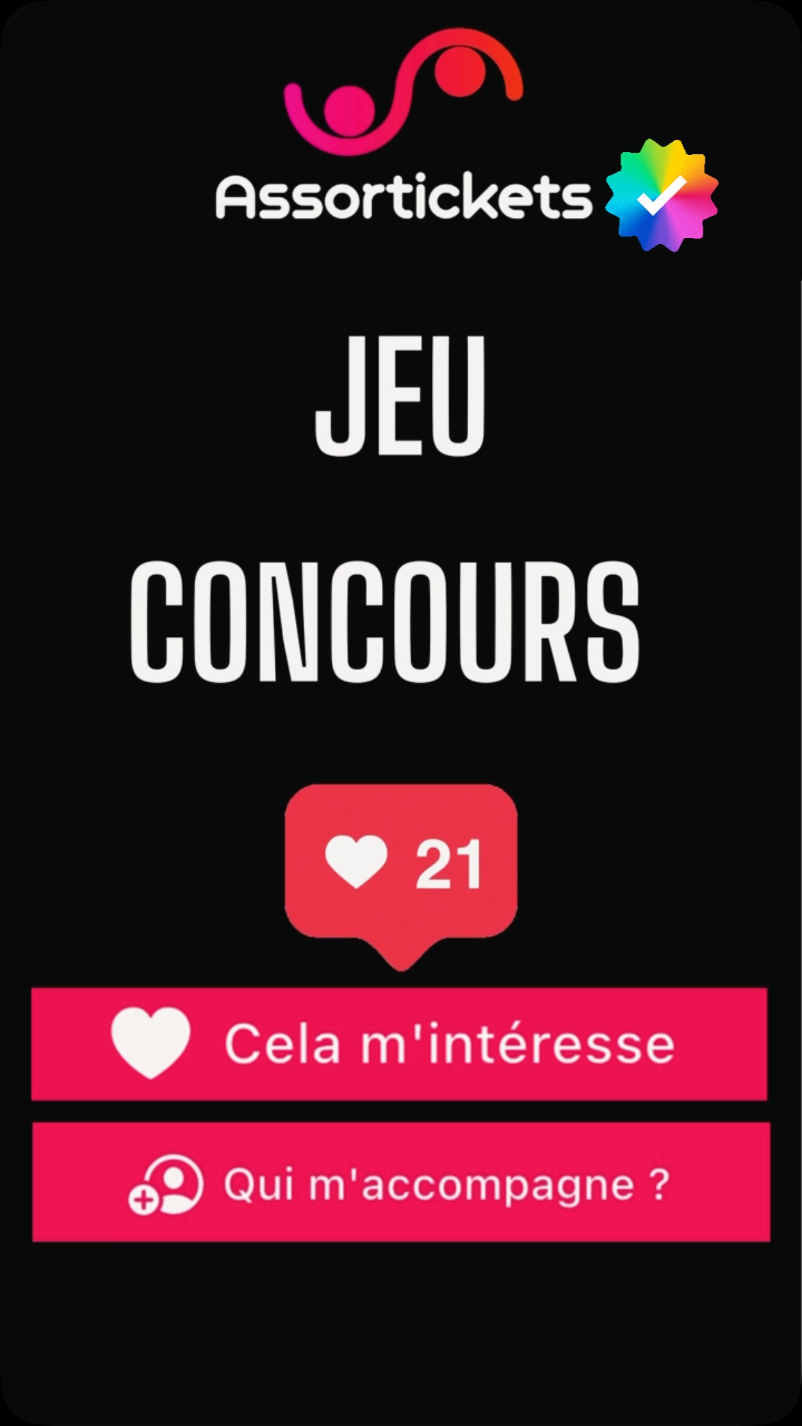 🎁 Tous les mois, on vous fait gagner 4 cartes cadeaux Billet Réduc’ d’une valeur de 25 € pour fêter la sortie d’Assortickets, l’application qui connecte les passionnés et leurs envies de sorties.
📌 Pour tenter ta chance :
✅ télécharge l’application et crée ton profil, (avec ou sans abonnement🫶)
✅ utilise l’appli régulièrement pour :
> créer ta liste de sorties,
> voire trouver une personne pour t’accompagner 👍
Suis @assortickets et @billetreduc_officiel pour plus de bonnes nouvelles 😊
Tirage au sort des gagnants parmi les utilisateurs de l’application et résultats du concours dans les 5 jours qui suivent la fin de chaque mois.
🍀 Bonne chance !!!
Les 4 gagnants mensuels seront contactés par e-mail via l’adresse utilisée lors de la création du profil sur l’application et annoncés en commentaire sur ce post.
Jeu valable à compter du 31 mars 2025 et jusqu’au 31 décembre 2025 inclus.
⚠️ 🚨 Attention aux faux comptes qui profitent des concours pour vous contacter. Ne communiquez jamais vos coordonnées bancaires 🚨⚠️
https://www.assortickets.com
#jeuconcours #culture #théâtre #sorti