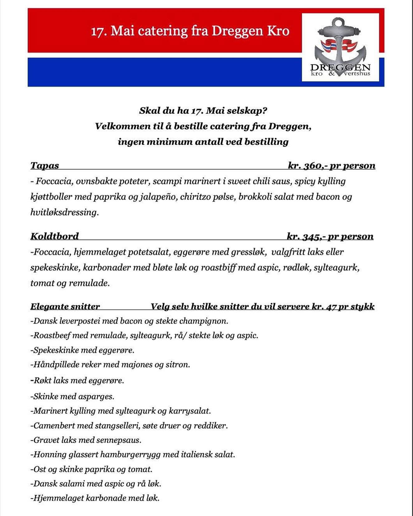 Ønsk ditt 17 mai selskap velkommen til bords med catering fra Dreggen Kro🥳
