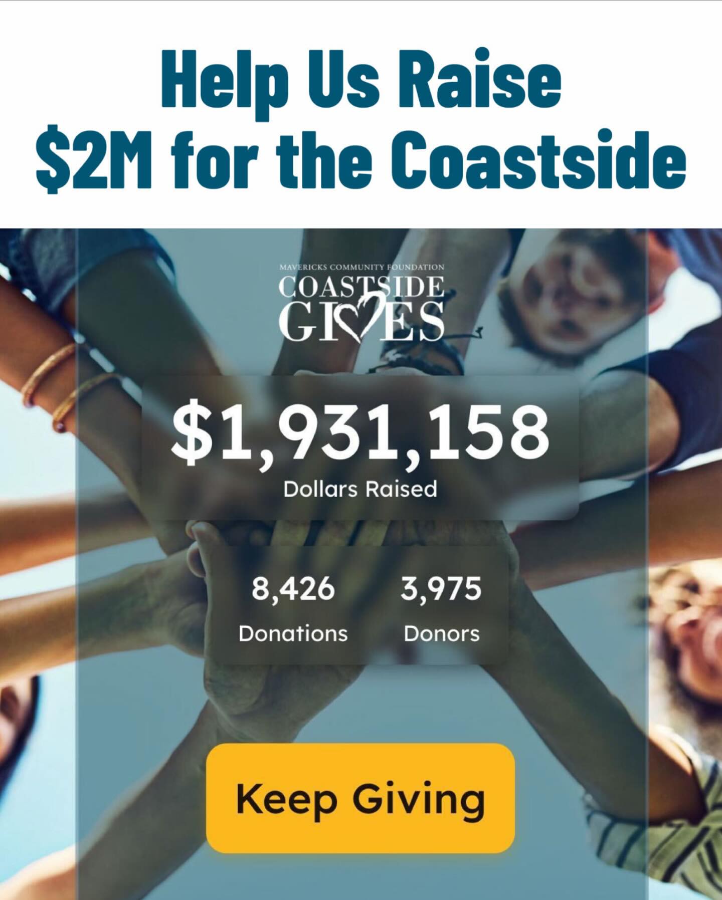 After a weekend of processing and making sure every donation has been entered and counted, the current total raised during Coastside Gives 2025 is $1.93 million dollars! We are SO CLOSE TO HITTING TWO MILLION. Our online portal is open until 9pm tonight. Help us make this final historic milestone by donating to your favorite nonprofit now at the link in our bio: coastsidegives.org
#lastchance #soclose #2million #coastside #coastsidegives #coastsidegives2025 #givewhereyoulive