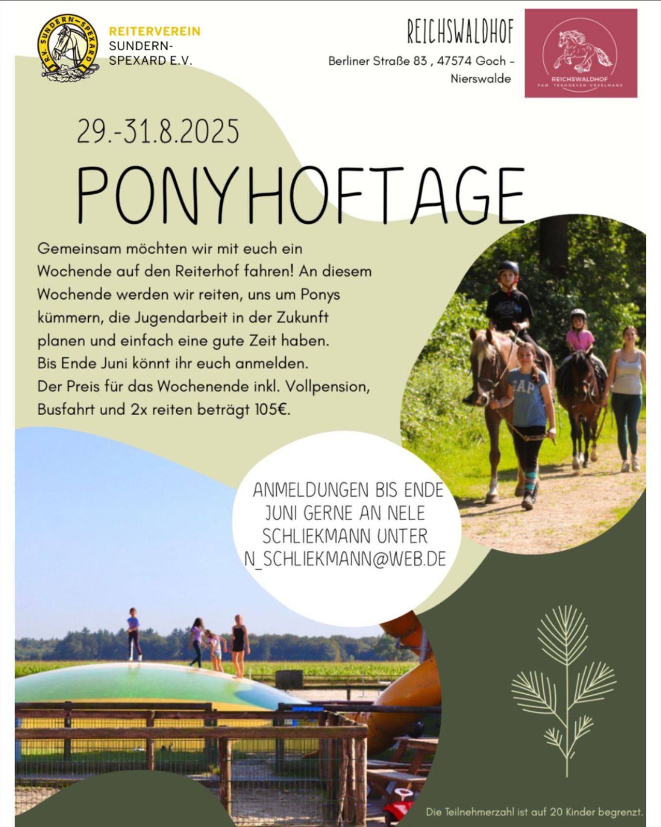 Wir möchten mit Euch auf den Ponyhof fahren! 💛
Die Zahl der Anmeldungen ist auf 20 Teilnehmer begrenzt. Anmeldungen sind per Mail an Nele Schliekmann möglich 🐴 Wir freuen uns auf ein schönes Wochenende!