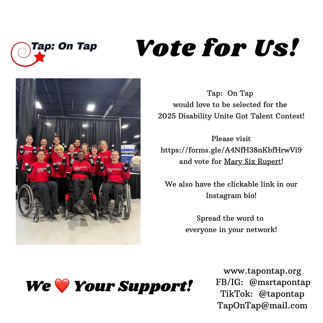 We are humbled to learn of our nomination for the 2025 @disabilityunite Got Talent Contest! Please use the link in our IG bio and vote for Mary Six Rupert! Spread the word to your family and friends! #marysixrupert #tapontap #msrtapontap #tapdance #tapdancing #tapdancer #tapdancers #newyork #newyorkcity #nyc #nyny #newyorknewyork #followme #followforfollow #instalike #instagood #instadance #tapdancinghandsdown #tapgloves #tapboard #inclusion #inclusivity #allabilities #wheelchair #diversity #disabilityunite #gottalent #showtime
