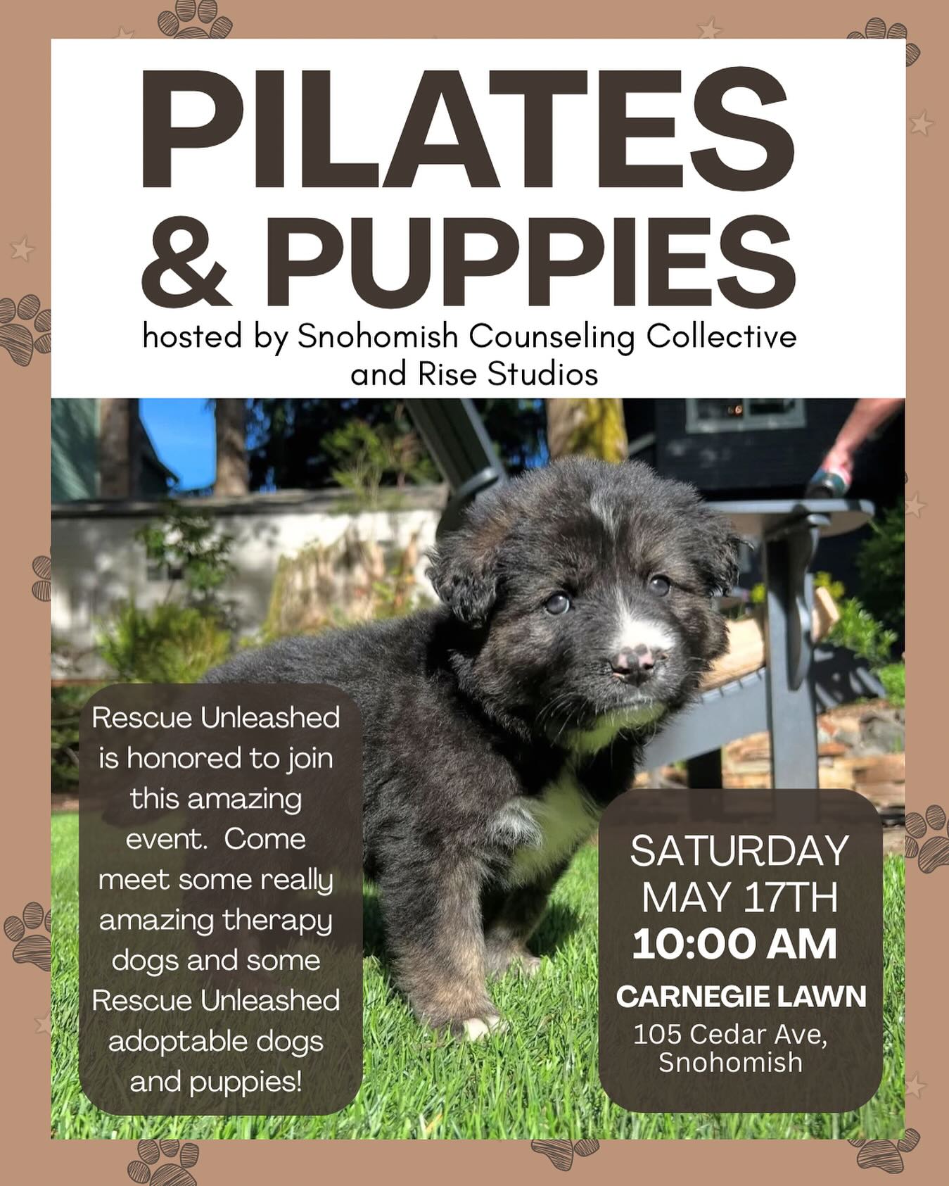 In honor of Mental Health Awareness Month, @snohomishcounselingcollective and @risestudiosnohomish are hosting a special Puppies and Pilates event! They have graciously invited us to bring our adoptable dogs and puppies to be a part 💜
🐾Please join us May 17th at 10am for the most adorable puppy cuddles and maybe meet your new best friend! 🐾
Applications to adopt can be found on our website at www.RescueUnleashed.org
#puppiesandpilates #rescueunleashed #mentalhealthawarenessmonth #haveyouhuggedyourdogtoday #furrybestfriend #snohomishwa #puppylove