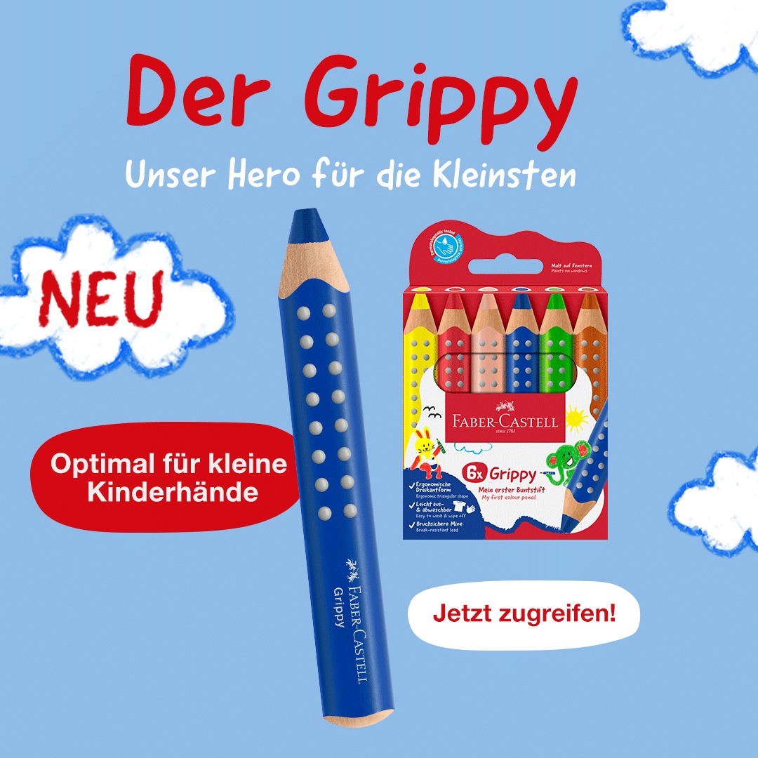Der Hero für kleine Künstler*innen: Der brandneue Grippy von Faber-Castell! 🎨 Er ist in 16 brillanten Farben verfügbar, besitzt die bewährten Noppen und ist dermatologisch getestet. #FaberCastell #Grippy