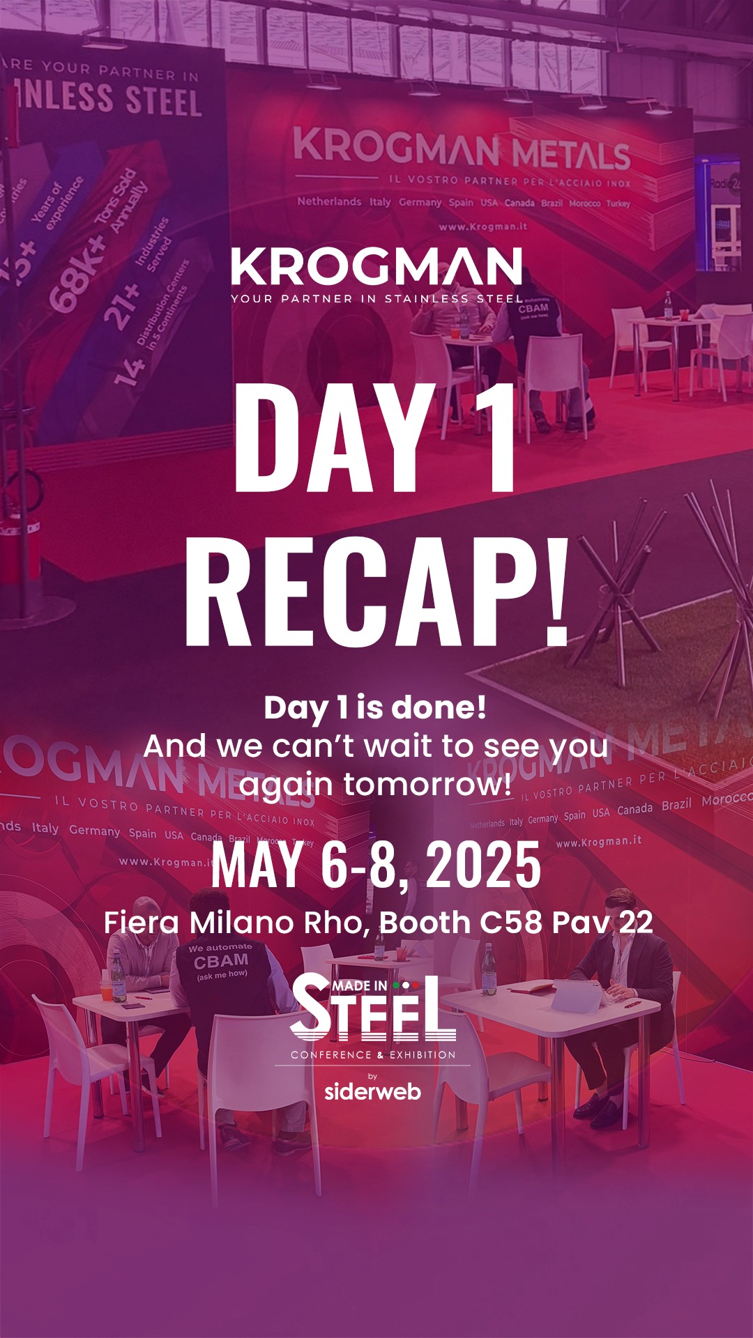 What an incredible first day at Made in Steel - Conference & Exhibition!
Great conversations, great people, and lots of stainless steel inspiration. We’re excited to do it all again tomorrow — see you there! 🔥
Swing by Booth C58, Hall 22, and you'll find the bright red booth 👀
#Exhibition #MadeInSteel #Krogman #KrogmanMetals #Day1 #Recap