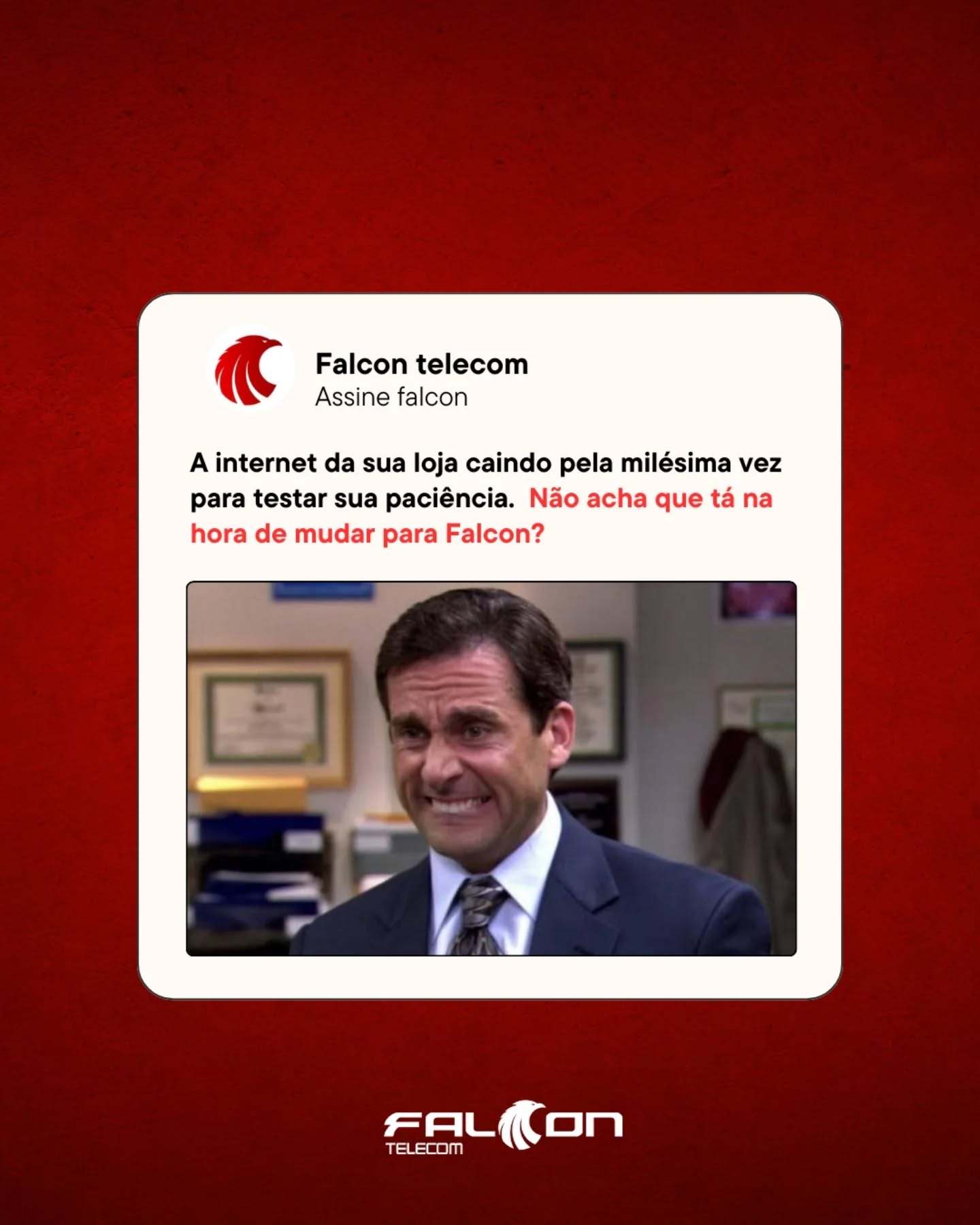 A internet da sua loja caiu de novo? 🤯
Você merece mais do que isso.😀
Com a Falcon Telecom, você conta com link dedicado e internet exclusiva para o seu negócio, trazendo estabilidade, velocidade e suporte sob medida para sua empresa.
Mude pra Falcon 🦅 e sinta a diferença de uma conexão feita pra quem não pode parar. 🎯
.
.
.
.
.
.
.
.
.
.
.
.
.
.
.
.
.
#internetrj #empresas #linkdedicado #internetrj #zonaoesterj