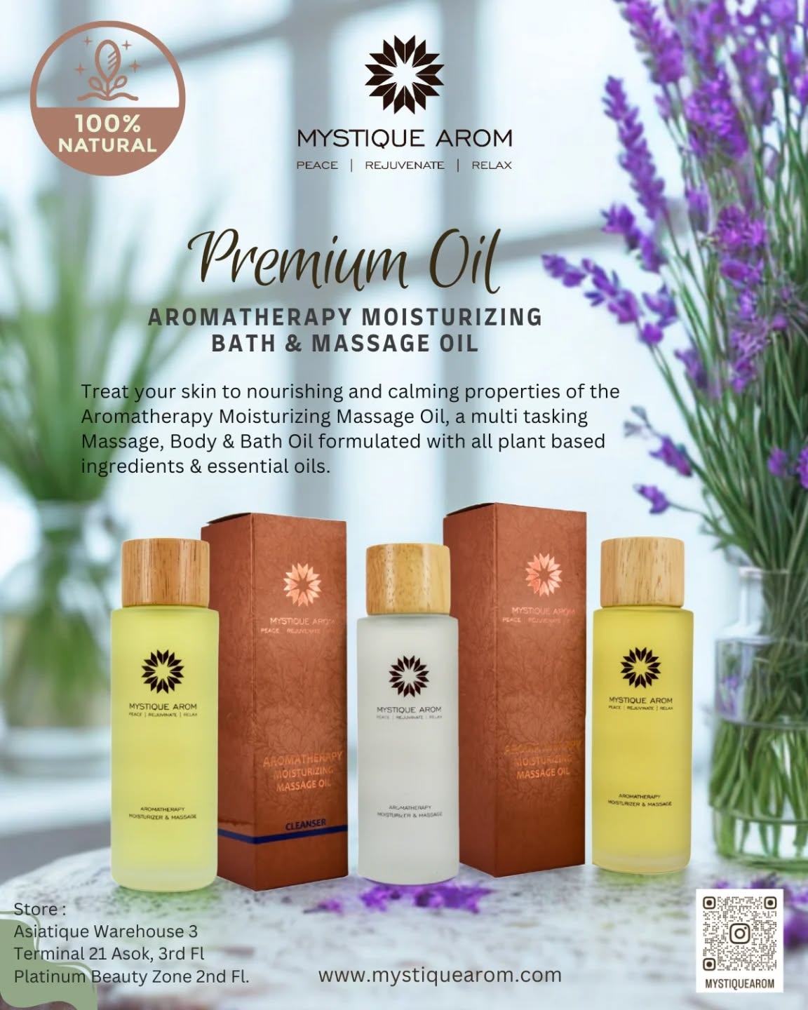 Premium Aromatherapy Moisturizing Bath & Massage Oil 100 ml
Treat your skin to nourishing and calming properties of the Aromatherapy Moisturizing Massage Oil, a multi-tasking Massage, Body & Bath Oil formulated with all plant based ingredients & essential oils. Our oils contain highly nutritive base oils of Grape Seed Oil, Sweet Almond Oil, Coconut Oil, Sesame Seed Oil & Rice Bran Oil which contain omega 3 and 6 fats, as well as other essential vitamins & nutrients that moisturise, tone, and penetrate deeply into the skin.This lightweight, non-greasy formula readily absorbs into the skin without clogging pores.
https://www.mystiquearom.com/product-page/premium-aromatherapy-moisturizing-massage-oil-anti-stress-100-ml