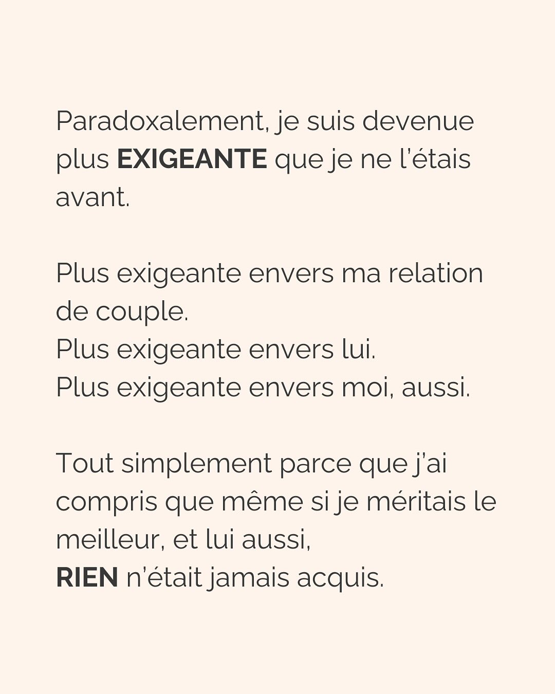 Dans une relation amoureuse, multiplier les critères physiques précis émane d’un besoin crucial de te sentir en sécurité.
Notre cerveau ne fait pas la différence entre ce qui est vrai et ce qui est imaginé. Si tu lui dis qu’en cochant ces cases, cet homme te permettra d’être en sécurité, tu te sentiras effectivement en sécurité avec lui. Pendant un temps…
Donc pour ton cerveau, critères physiques respectés = sécurité, jusqu’à ce que la relation dégénère (non respect de tes besoins par ci, incohérence par là, manque de communication etc.), que tu culpabilises et que tu n’arrives plus à t’en dépatouiller.
Ce besoin de sécurité que tu as, il est aussi légitime qu’il peut te faire faire n’importe quoi. Donc l’idée c’est d’aller l’écouter, mais VRAIMENT l’écouter.
Et pour vraiment écouter ton besoin de sécurité, tu peux :
* Rassurer la part de toi qui culpabilise de revivre les mêmes situations encore et encore et d’osciller entre des relations qui te font du mal et des relations où tu t’ennuies
* Faire de la place à cette part de toi qui a besoin de contrôler autant les choses pour se sentir rassurer
* Laisser s’exprimer la part qui juge les 2 premières et qui bloque le processus de libération émotionnel
C’est ainsi que tu pourras réconcilier les 2 parties qui semblent s’opposer en toi :
celle qui veut vraiment le respect, l’amour, la douceur qu’elle mérite (partie consciente)
et celle qui court après les relations compliquées parce que c’est ce qu’elle connaît (partie inconsciente).
———————————————————————
Je suis Emilie, thérapeute & coach diplômée spécialisée dans la dépendance affective.
J’aide les femmes qui souffrent de schémas toxiques répétitifs à aimer sereinement et librement, sans plus jamais s’oublier.
Tu te reconnais dans ce post ? Faisons connaissance pour savoir comment je peux t’accompagner. Rdv dans le lien en bio ou sur emilie-leduc.com
#dependanceaffective #manipulation#relationtoxique#addiction#dependance#peurs#blessuredabandon#rupture#couple#hypersensibilité #emotions #abandon #perversnarcissique #depression #blessuredelame #selflove #amourdesoi #tinder#date#rencontre #angoisse#solitude #lovecoach #pn #devperso #amourdesoi