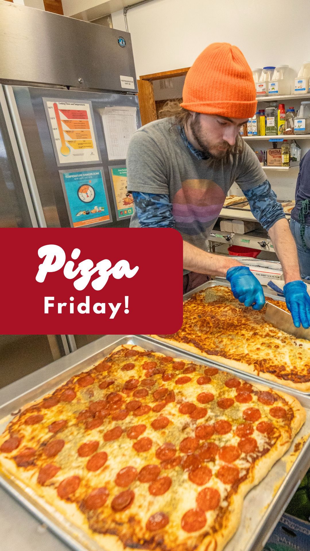 What’s for lunch, you ask?
It’s PIZZA DAY! 🍕
Thanks to the creativity and awesomeness of our kitchen team, we have a new item on the menu here at Family Kitchen. Each Wednesday and Friday, we roll out our homemade dough, add fresh toppings, and cook our pizzas to tasty, gooey perfection. Come on in and have a slice (or two!) with us!