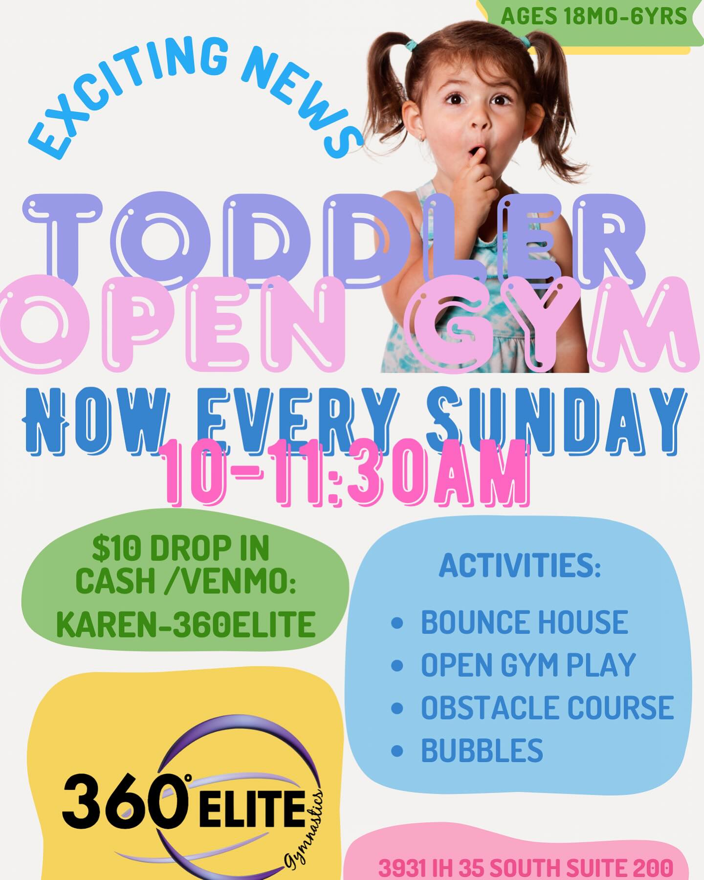 Excited to announce Toddler Open gym now every Sunday except Holidays! Come join us 10-11:30! Text us or DM us to reserve your spot today. Or drop in. See you May 18!!