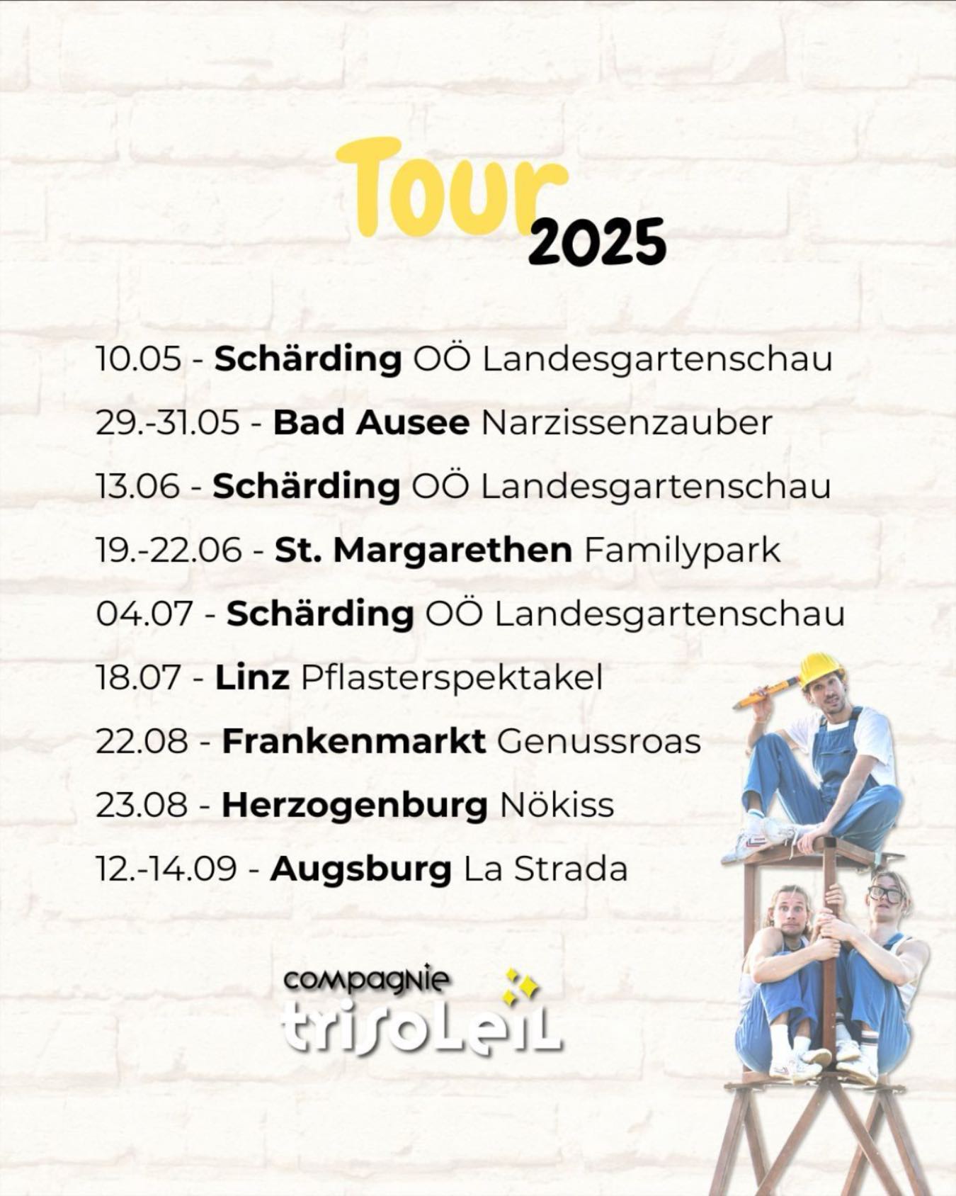 🚧 Tourplan 2025 🚧
Wir freuen uns schon meeeega, dass es endlich los geht!🫶
@valerian_diabolo_artist @elias.bauer @navin_bauer
#busker #straßenkunst # streetshow #streettheater #straßenkunstfestival