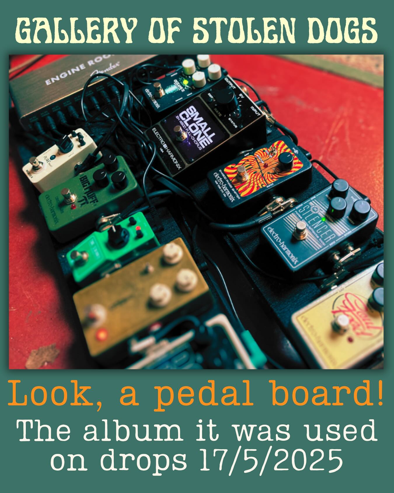Ooh, guitar pedals. Nice. You want to know what sounds they were used to make, don’t you? And you love being first to hear new music you can tell your friends about!
Not long to wait now. Scottish underground alt-rock band Gallery of Stolen Dogs’ debut album is out 17/5/25.
Marvel at the neopsychedelic stylings with a post-punk edge. Follow them. They’re your new cool find. You got edge. People admire your taste.
#GalleryOfStolenDogs #IndieMusic #NewMusic #NeopsychedelicRock