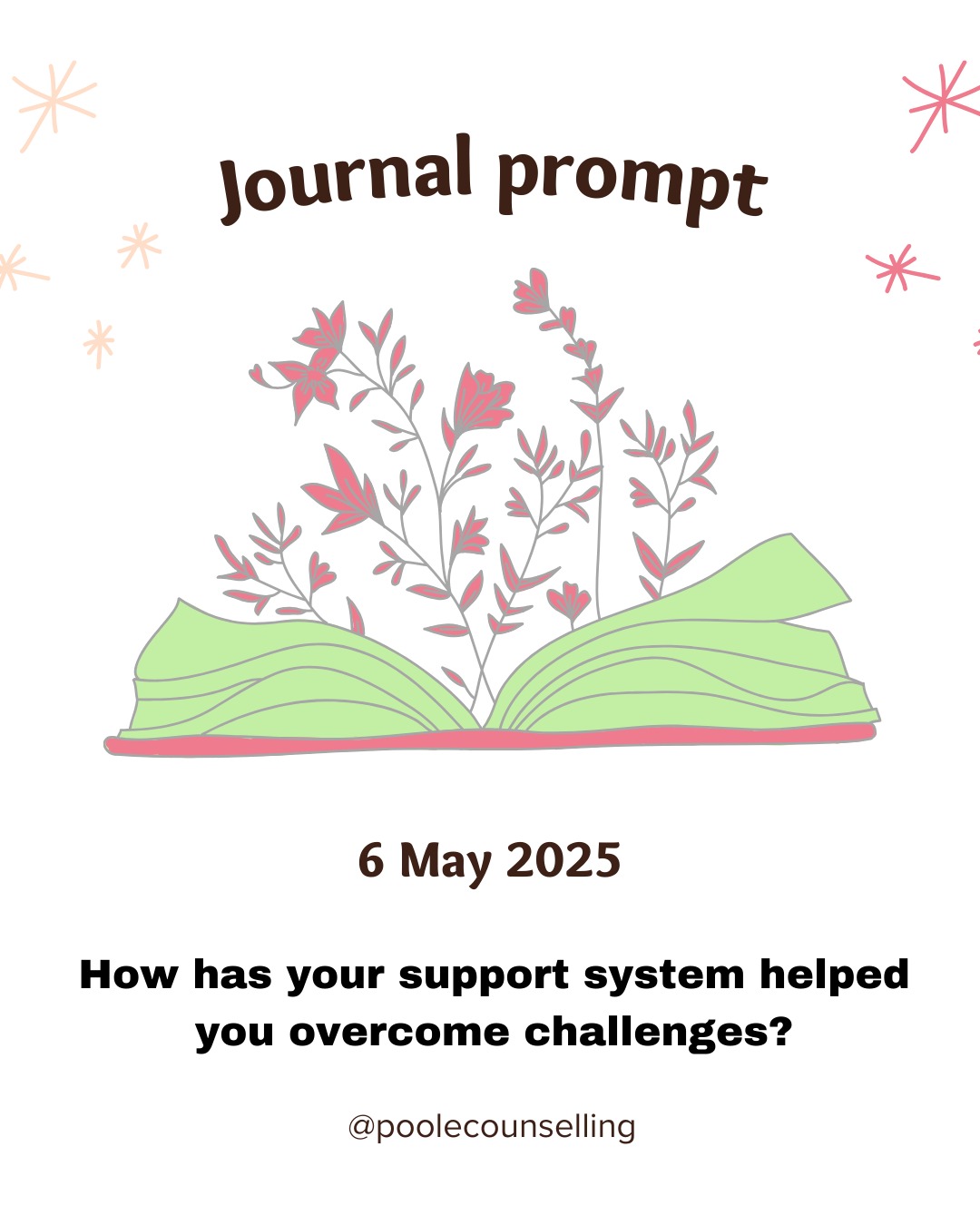 Journaling is a great way to enhance mental clarity & emotional processing, as well as helping to manage stress & anxiety. Here is a great journaling prompt for today. How has your support system helped you overcome challenges?