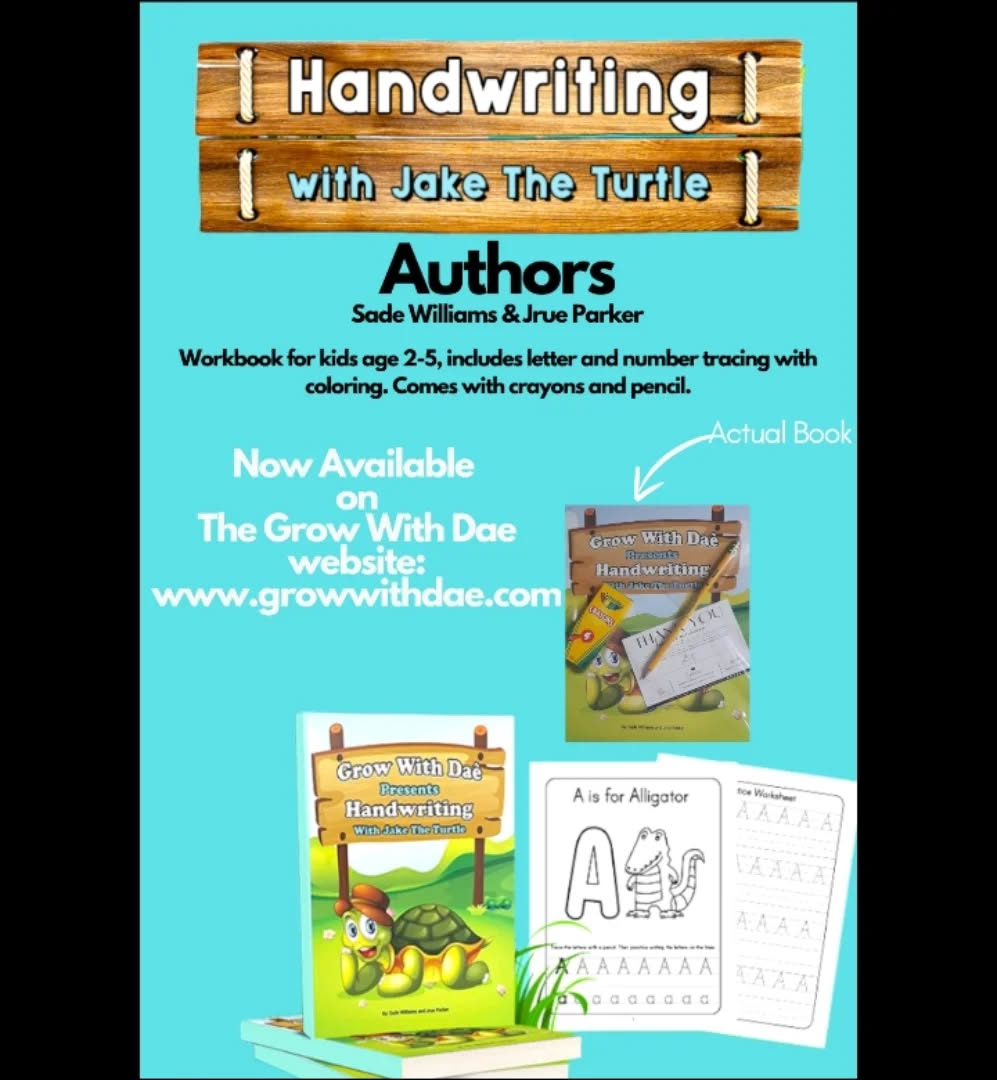 Attention parents, grandparents, aunts, uncles, and everyone with young children! Don't miss Handwriting with Jake the Turtle, available on The Grow with Dae websiteĀ www.growwithdae.com. This fantastic resource helps kidsāwhether they are your own, your grandkids, nieces, or nephewsālearn to write the alphabet and numbers. Additionally, they'll enjoy colouring the images in the book. VisitĀ www.growwithdae.comĀ now to get your copy!