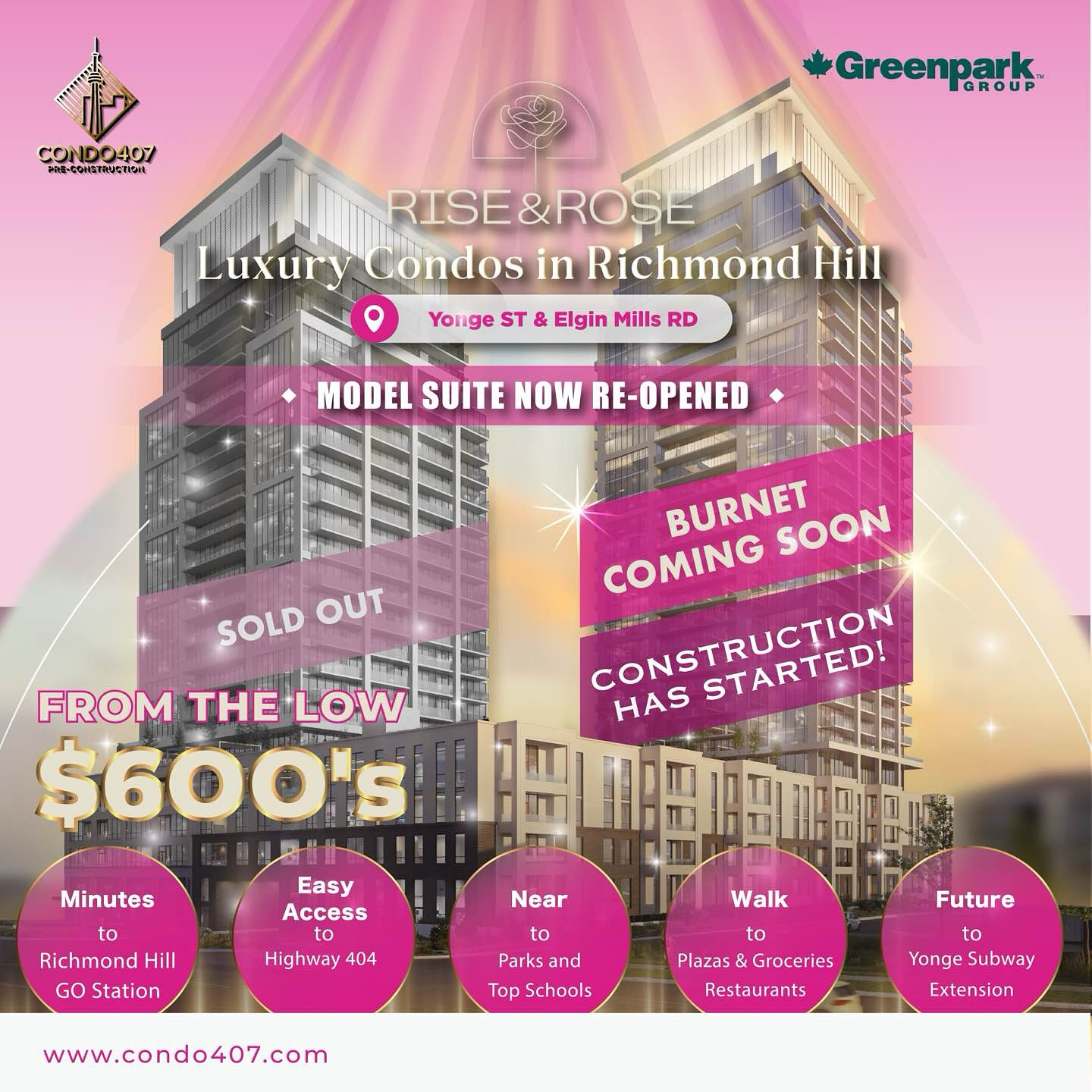 🏙️ Rise & Rose Condos | BURNET COMING SOON by @greenparkgroup🚀
🏢 Model Suite Now Re-Opened!
📍 10900 Yonge St, Richmond Hill
💰 Condos from the Low $600s!
📢 Construction Has Started!
✨ Luxury Condos, Elevated Living!
✅ Minutes to Richmond Hill GO Station 🚆
✅ Easy Access to Highway 404 🚗
✅ Near Parks & Top Schools 🌳🏫
✅ Walk to Plazas, Groceries & Restaurants 🍽️🛍️
✅ Future Yonge Subway Extension 🚇
📢 Register today & don’t miss this opportunity!
📩 CONTACT ME NOW TO LEARN MORE:
☎️ 416.856.1997
☎️ 416.879.6118
📧 info@condo407.com
🌐 www.condo407.com
#AJAX #BRAMPTON #GTA #Homedesign #MILTON #MoveInReady #NewDevelopment #NewHomeCommunity #NewHomeListing #NewHomeSearch #NORTHYORK #OntarioRealEstate #Oshawa #pickering #RealEstateAgent #RealEstateCanada #RealEstateInvesting #RICHMONDHILL #riseAndRoseCondos #STOUFFVILLE #TorontoHomes #TorontoLuxuryHomes #TreasureHill #UNIONVILLE #WHITBY #YorkRegionHomes