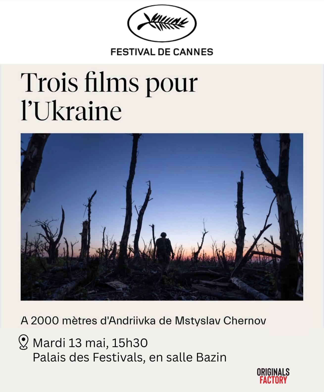 Malgré les risques extrêmement élevés, Mstyslav Chernov rejoint les soldats sur la ligne de front dans l’est de l’Ukraine, alors qu’ils avancent à travers une étroite bande de forêt calcinée flanquée de champs de mines dans le but de libérer le village stratégique d’Andriivka.
📍Le mardi 13 mai, 15h30, en salle Bazin, au Festival de Cannes