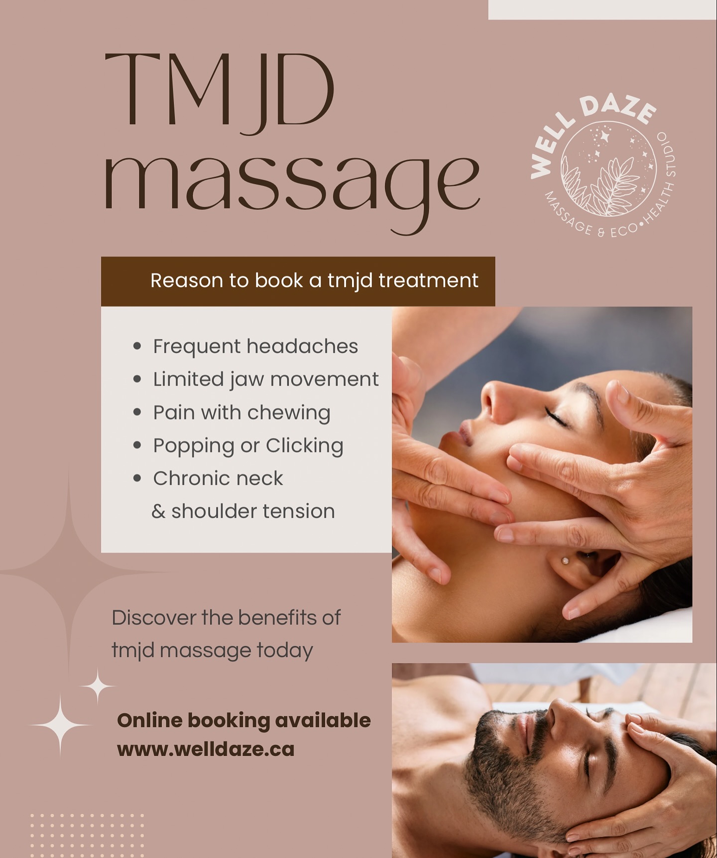 Jaw Feeling Tight? It Might Be TMJD
Ever catch yourself clenching your jaw or waking up with a sore face? You might be dealing with TMJD (Temporomandibular Joint Dysfunction) — and massage can actually help.
TMJD massage focuses on releasing the muscles around your jaw, neck, and face to relieve tension and pain. It’s gentle, targeted, and can make a huge difference in how you feel day to day.
Benefits include:
Less jaw pain and clenching
Fewer tension headaches
Better sleep (yes, really!)
Relief from stress stored in the face and neck
If your jaw is doing the most lately, consider trying a TMJD treatment.
#JawPainRelief #TMJDmassage#guelphmassage#guelphdowntownbusinesses#wetheward#RegisteredMassageTherapist #WellDaze #GuelphMassage #StressRelief