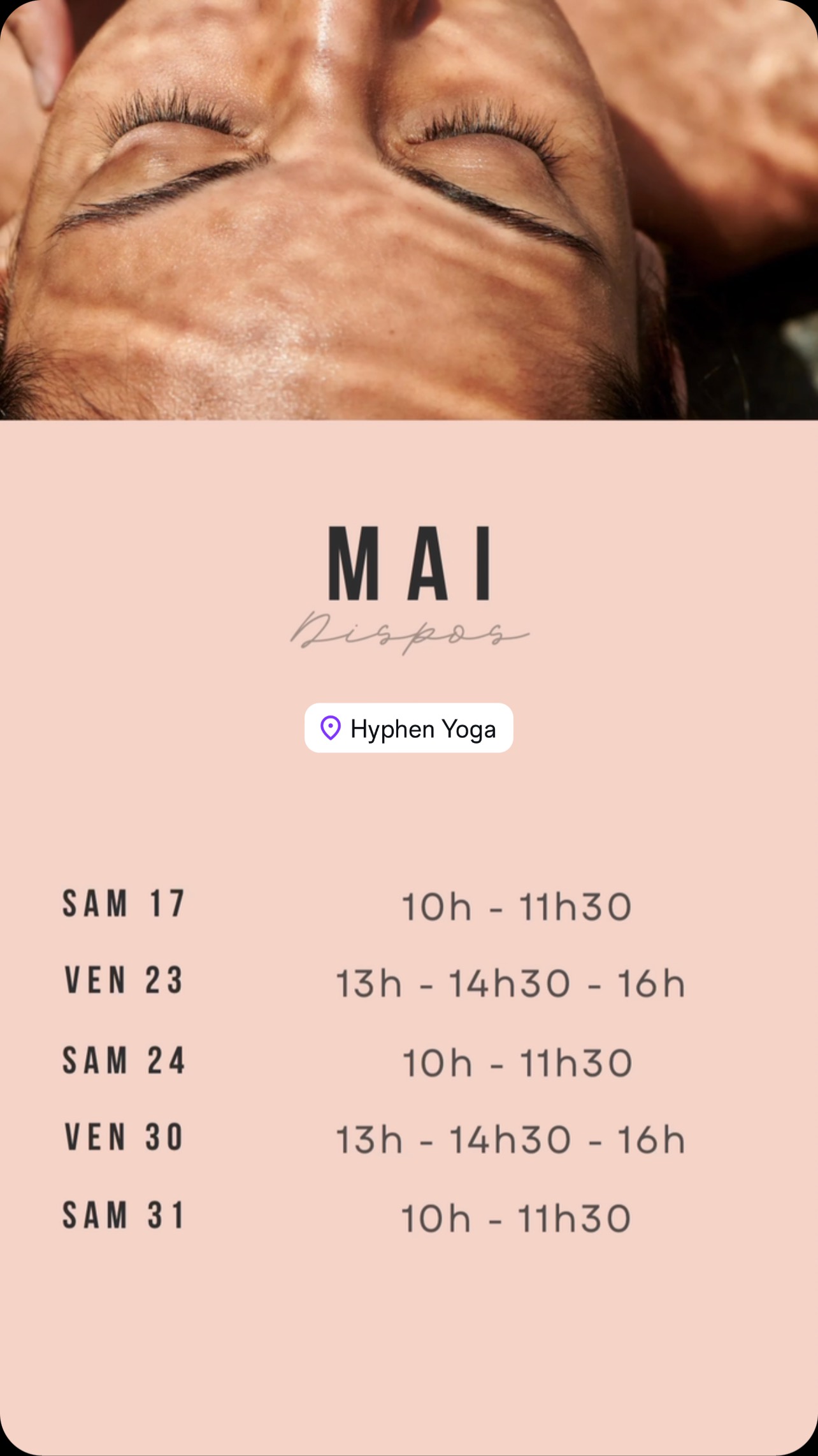 ✨Dernières dispos de mai ! ✨
Envie d’un moment rien qu’à vous ? Prenez soin de votre peau avec un massage facialiste sur-mesure.
Quelques créneaux encore dispo, réservez vite 🌸
#massagevalence #bienetre #facialistevalence #facialiste #kobido #antiage #skinroutine #kobidovalence #massageantiage #valenceville❤️