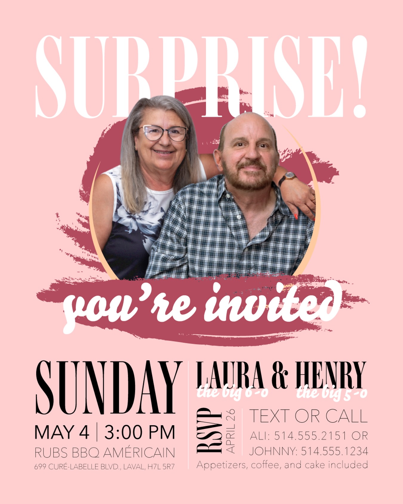 Custom invitation for a double surprise 🤫
Photoshop masterpiece of merging 2 pics by me 🎨
#invitation #event #party #surprise #weddinginvitation #birthdayinvitation #eventinvitation #graphicdesign #design #montreal #laval #montrealevents #lavalevents