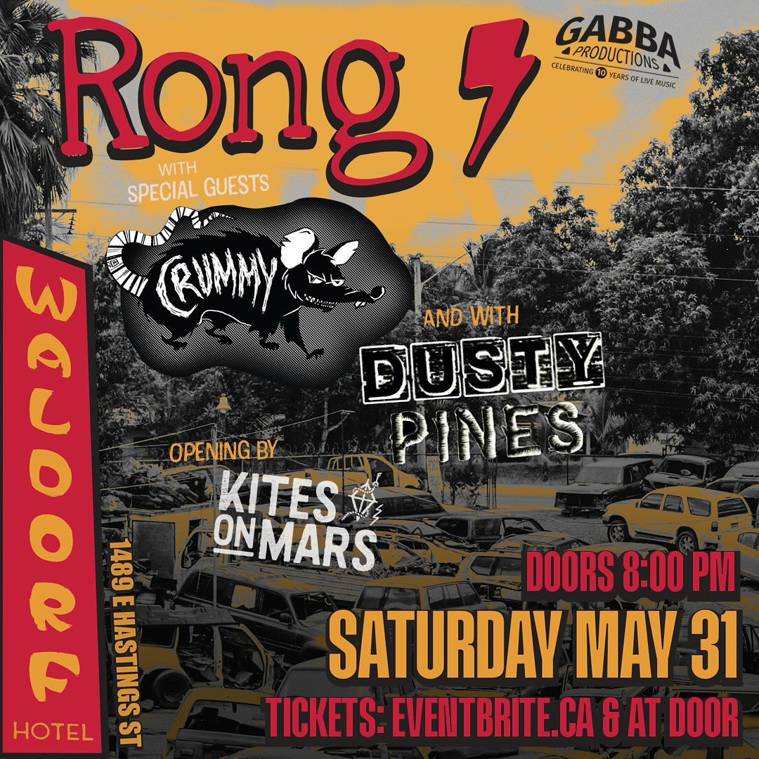Loud, weird, and absolutely unmissable. 🎸
Catch Rong, Crummy, Dusty Pines, and Kites on Mars live on Saturday, May 31!
Expect riffs, rants, and a whole lot of noise from some of the wildest bands in the scene.
🎟️ Doors at 8PM
📍 1489 E Hastings St
🎫 Tickets link in bio and stories or at the door.