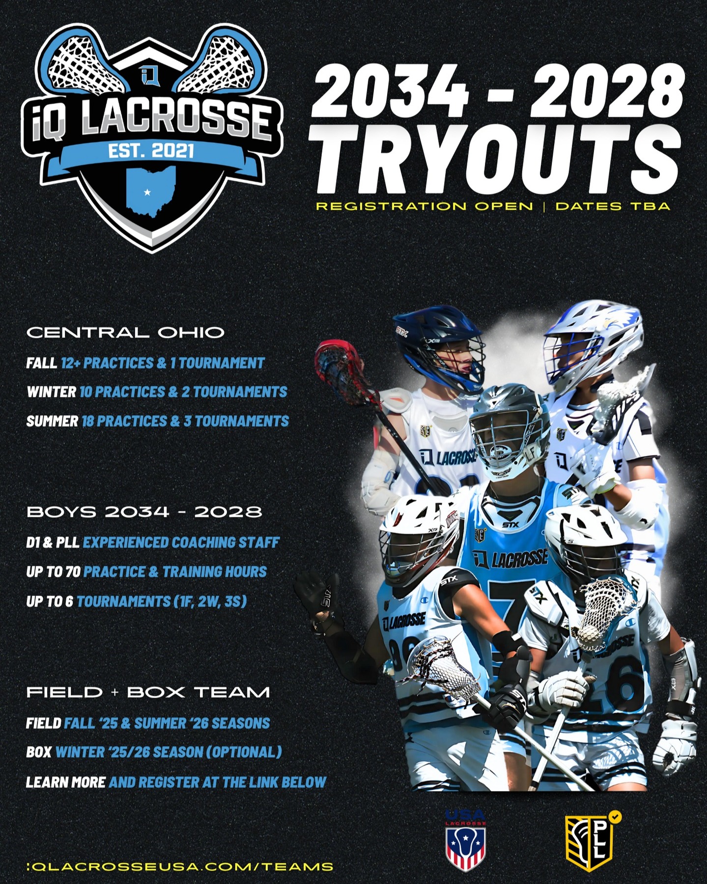🚨 Central Ohio Boys 2034-2028 Tryouts! 🚨 Registration is now open for our 2025/26 club season tryouts!
Why choose iQ Lacrosse?
✅ D1 & PLL Experienced Coaches
✅ 70+ Practice/Training Hours
✅ Up to 6 Club Tournaments
✅ Fall, Winter, & Summer Lacrosse
Ready to take your game to the next level? 🔥 Learn more and register at the link in bio!
#lacrosse #boyslacrosse #iqlacrosse #clublacrosse