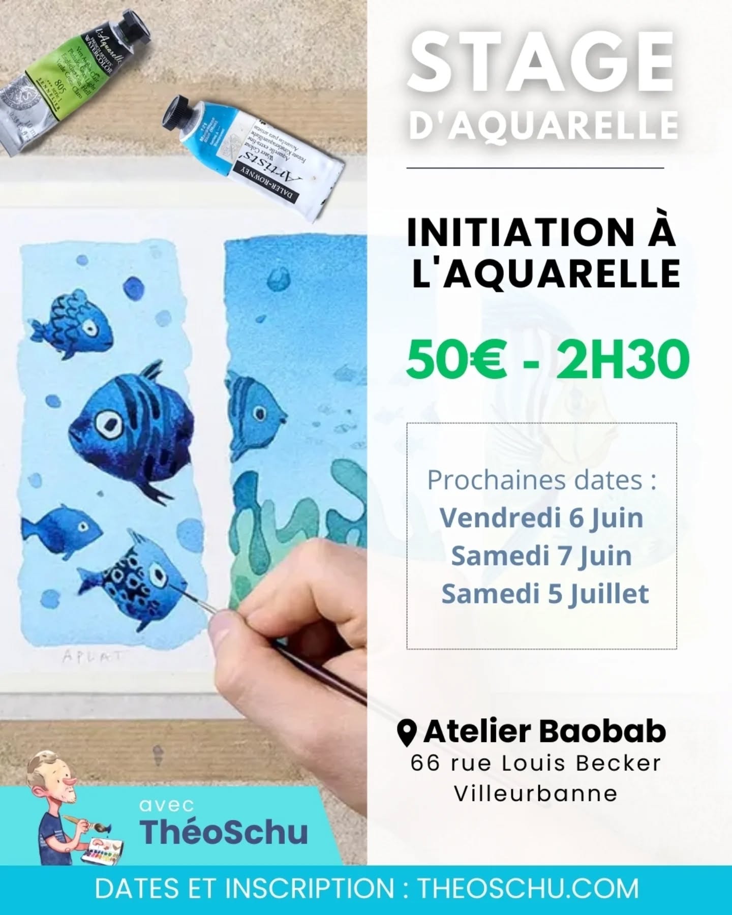 Venez vous initier à l'aquarelle avec moi lors d'une séance en tout petit groupe ! (Cours particulier possible sur demande) 👩🏽🎨🧑🏻🎨👨🏼🎨👩🏿🎨
Dans cette séance, je vous expliquerai comment bien choisir votre matériel, et je vous transmettrai les bases qui vous permettront de vous lancer sereinement et comprendre les réactions de votre papier. 🎨🖌️
Pour les débutants et mêmes les pros qui ont besoin de bases plus solides ! 👶💪
📍 Les cours ont lieu à l'@atelier_baobab_66 à Villeurbanne sur inscription uniquement.
🗓️ Pour vous inscrire, rendez-vous sur theoschu.com (lien en bio)