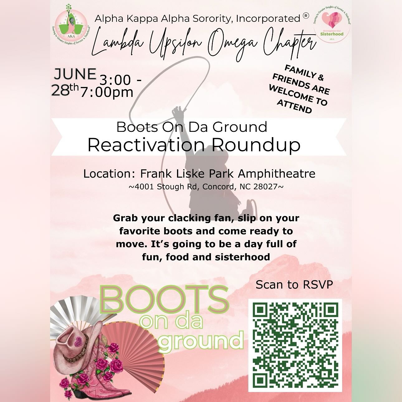 👢💗 Saddle up for sisterhood! 💚🐎
Join Alpha Kappa Alpha Sorority, Inc.® Lambda Upsilon Omega Chapter for Boots On Da Ground: Reactivation Roundup 🎉
📅 June 28th
⏰ 3:00 PM – 7:00 PM
📍 Frank Liske Park Amphitheatre • Concord, NC
Bring your family, friends, and fabulous selves for an afternoon full of fun, food, and sisterhood! ✨💕
📲 Scan the QR to RSVP – we can’t wait to see you there!
#AKA1908 #LambdaUpsilonOmega #BootsOnDaGround #ReactivationRoundup #SisterhoodInStyle #AKAReactivate #AKASisterhood