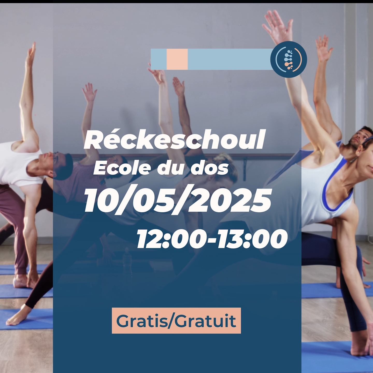 🆕 An der Réckenschoul hu mir elo kuerzfristeg 2 Plazen fräi kritt (12:00–13:00) – Wann der interesséiert sidd, schreift eis eng Nochricht, déi éischt si vir! 📣 Dierf gären gedeelt ginn – merci!
🆕 Pour l’école du dos (12h–13h), deux places viennent de se libérer – premiers arrivés, premiers servis ! 📣 N’hésitez pas à partager – merci!
Muer, den 10te Mee ass Porte Ouverte am Beweegungsatelier!
Moies bidden mer Vinyasa Yoga 🧘♂️ an Réckenschoul-Cours´en💪 un.
Mëttes ab 13:00-18:00 kennt der ouni Reservatioun einfach laanschten kommen, eise Cabinet entdecken a mat eis schwätzen. 🌿
Demain, 10/05, c’est Porte Ouverte au Beweegungsatelier !
Le matin, cours de Vinyasa Yoga 🧘♂️ et école du dos 💪 (avec réservation)
À midi, à partir de 13:00h passez nous voir, découvrez notre cabinet et échangez avec nous. 🌿