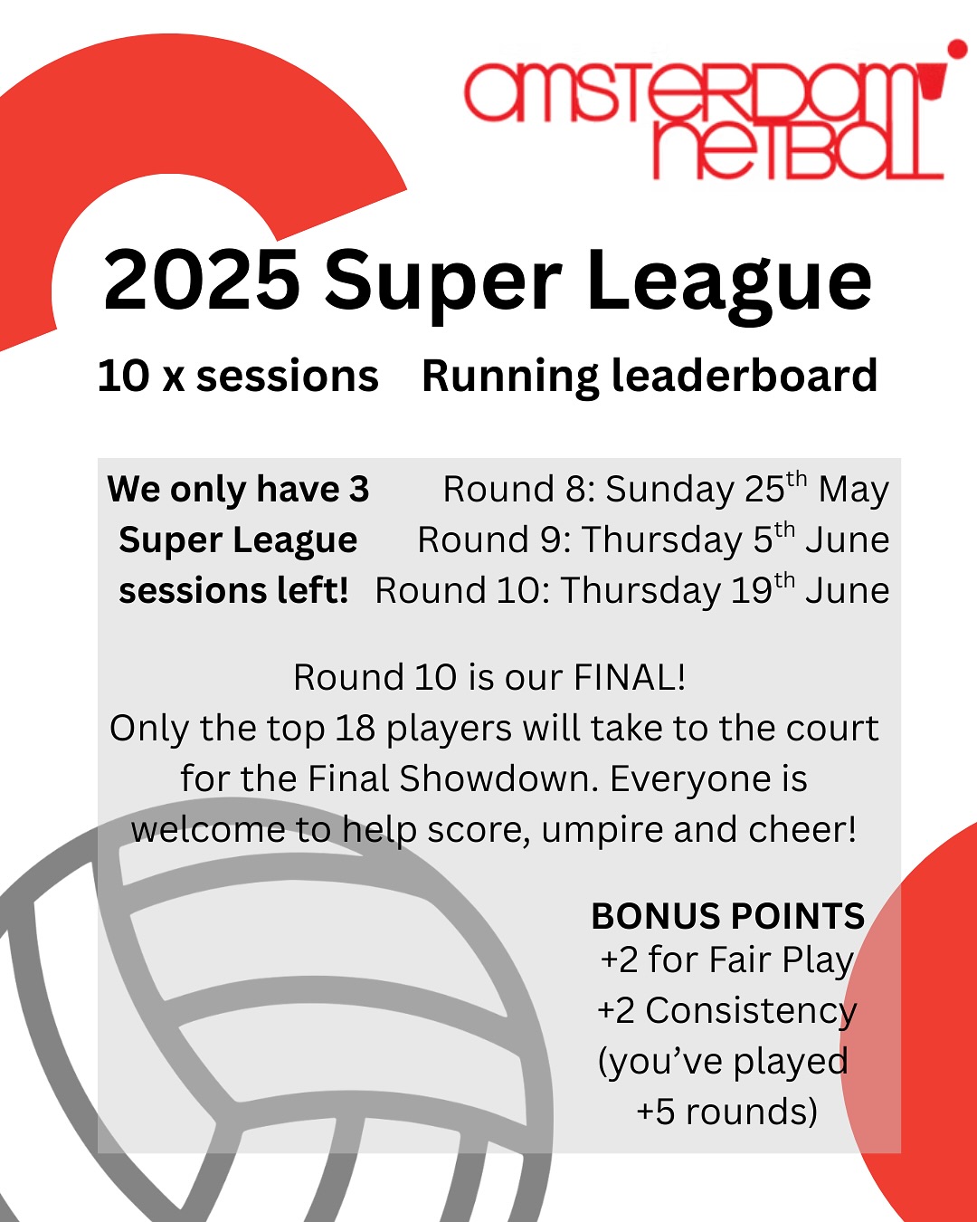 🏐 SUPER LEAGUE UPDATE – THE FINAL COUNTDOWN! 🏐
Team! We’ve powered through 7 epic rounds of Super League action 💥 and the finish line is in sight! Just 3 rounds to go before the grand finale – and it’s going to be BIG! 👑
📅 UPCOMING DATES
🟣 Round 8 – Sunday 25th May
🔵 Round 9 – Thursday 5th June
🔴 Round 10 (Final) – Thursday 19th June
Only the top 18 players will take the court for the Final Showdown – so it’s game on from here!
BONUS POINTS INCOMING!
🎖️ +2️⃣ points for Fair Play – bring the good vibes and great team spirit!
🏅 +2️⃣ points if you’ve played in more than 5 Super League rounds – consistency = rewards!
🔍 If players are tied in points by Round 10, we’ll look at attendance at the Super League games to help decide who qualifies for the final.
🧠 REMINDERS & NEW ROLES!
✅ We’ll continue to assign a Coach before each round to help lead and guide their team
✅ We’re also adding a Team Tracker – one person per team will help with scoring and timing
Let’s finish strong, show up, lift each other, and bring the energy all the way to the end! 💜🏆
